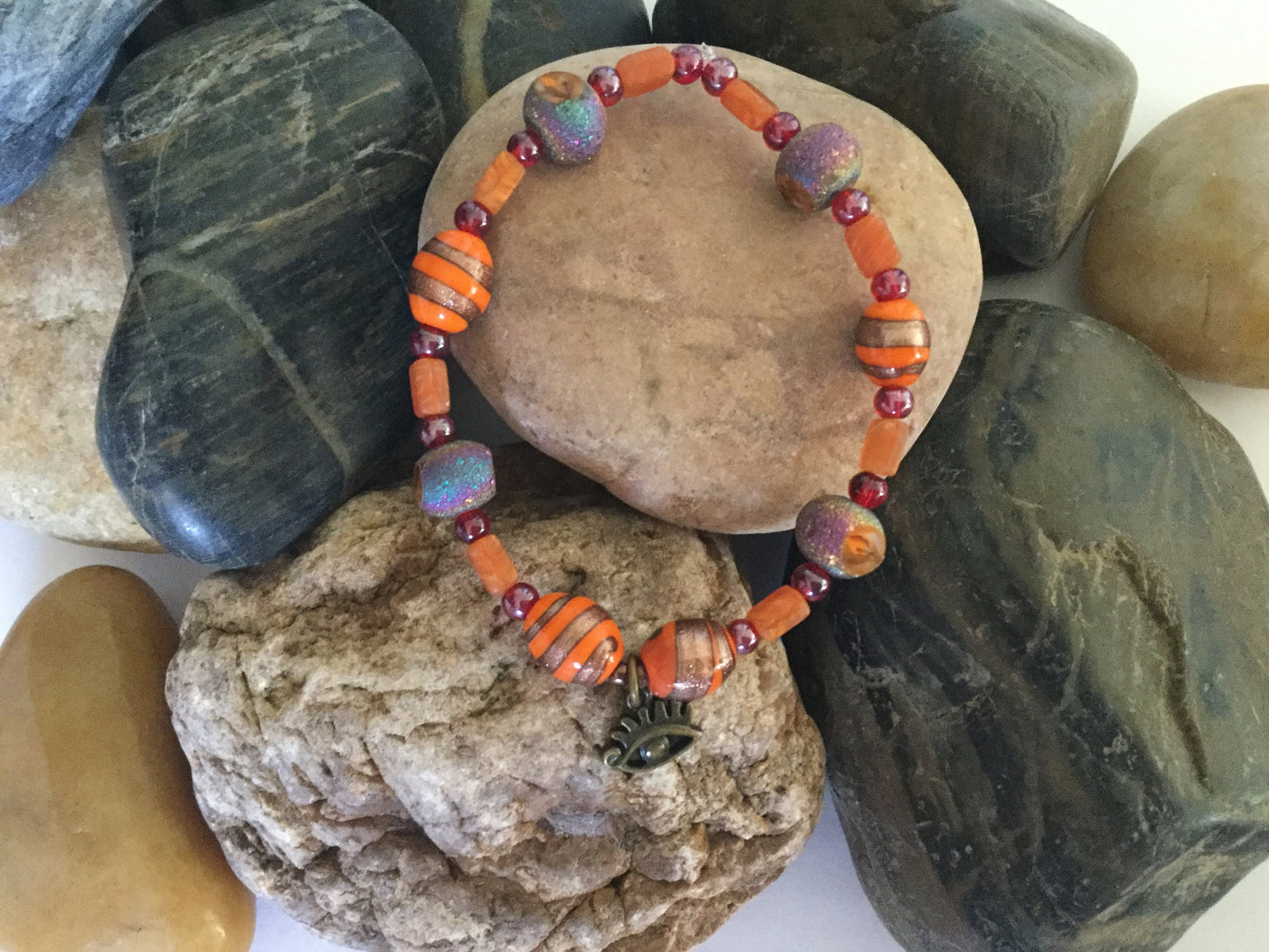 Vibrant Orange Stones w/Evil Eye, Healing Bracelet.