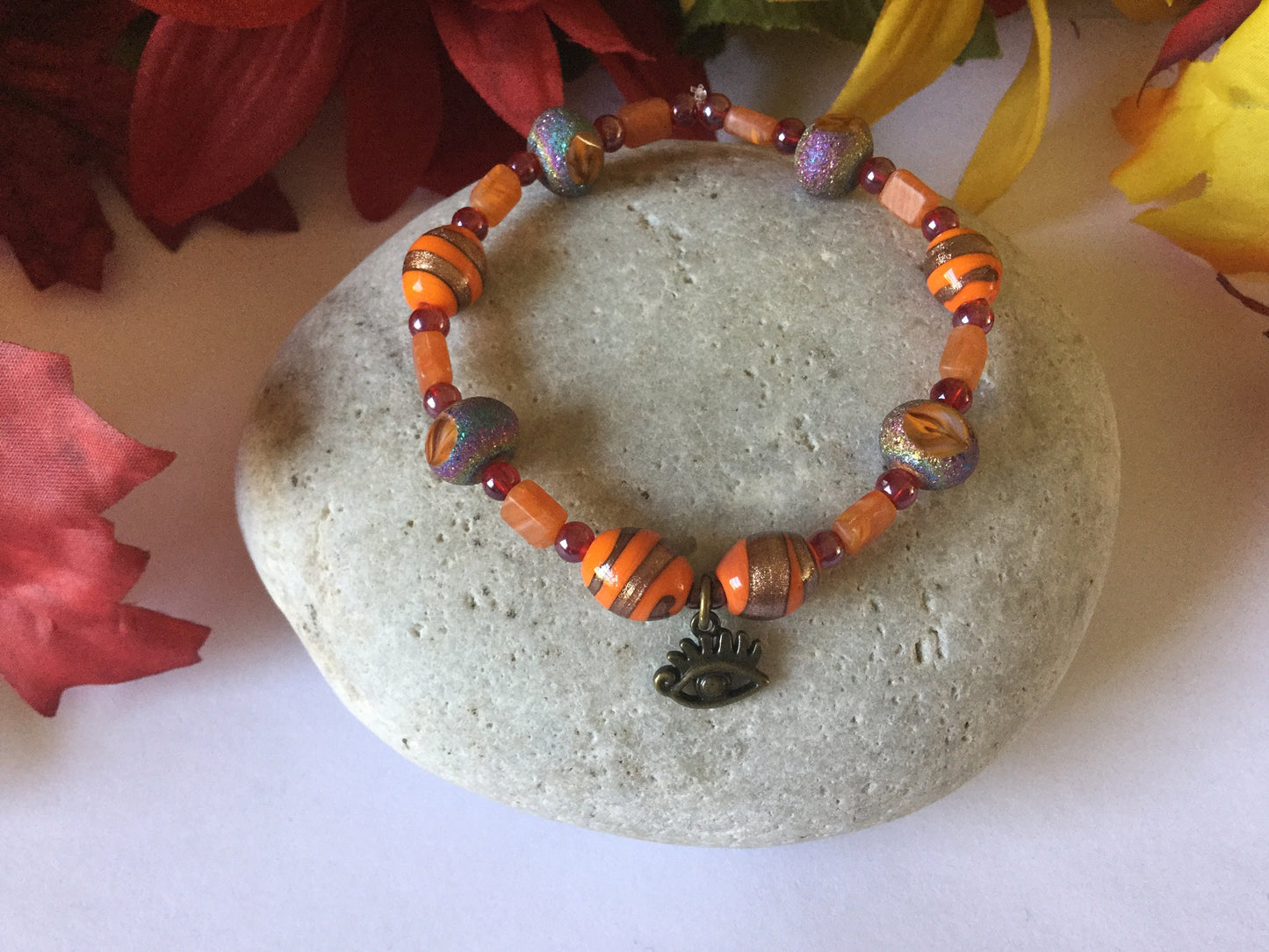 Vibrant Orange Stones w/Evil Eye, Healing Bracelet.