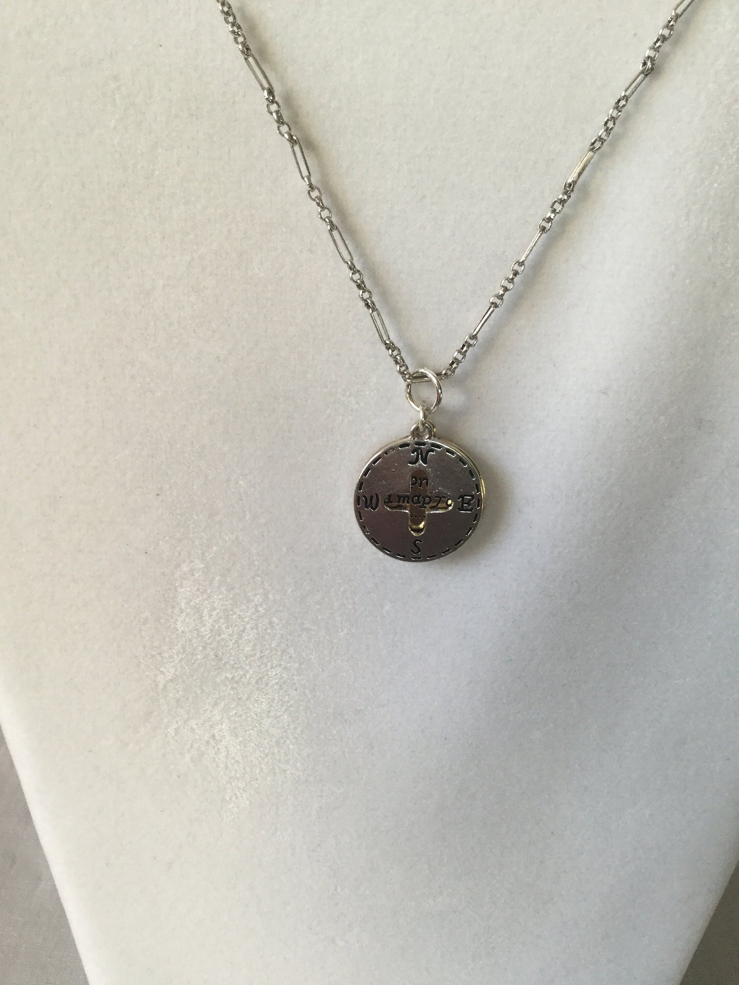 Compass, Silver & Gold Metal Necklace.