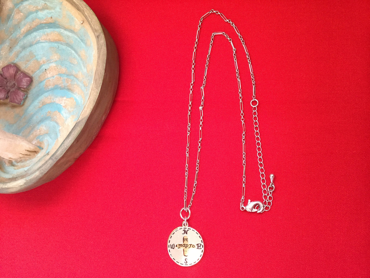 Compass, Silver & Gold Metal Necklace.