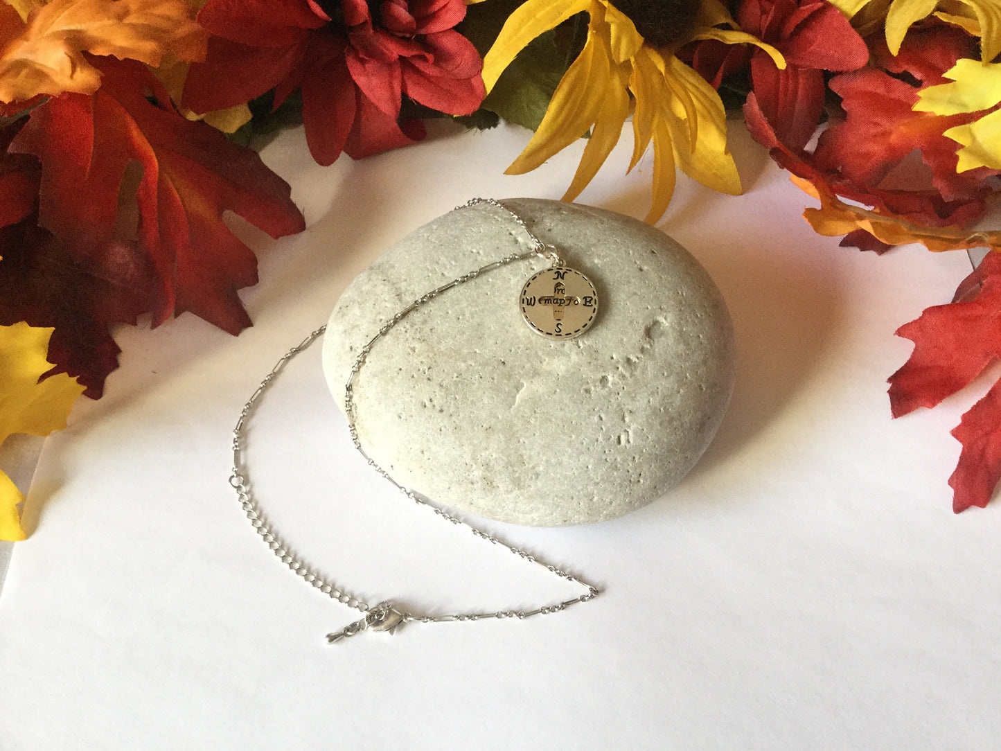 Compass, Silver & Gold Metal Necklace.