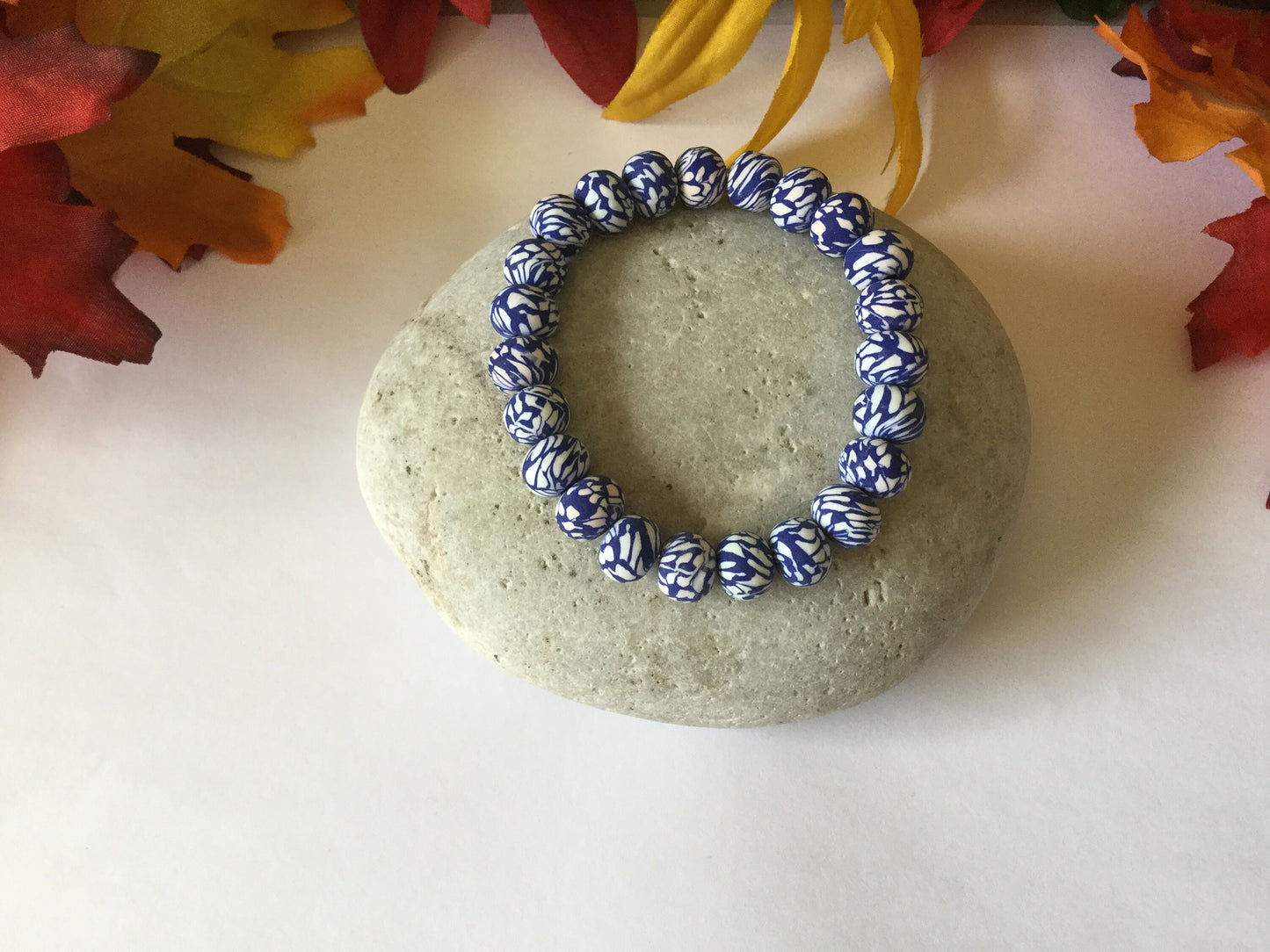 Clay, Blue & White Camouflage Rondelle, Healing Bracelet.