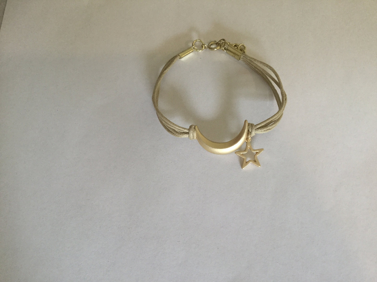 Moon & Star, Beige Hemp,  Gold Metal Inspirational Bracelet.