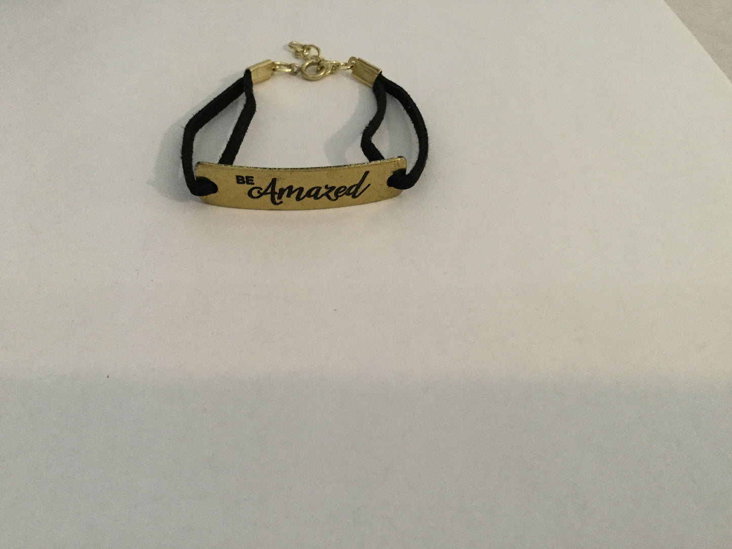 Be Amazed, Black Suede Gold Metal Inspirational Charm Bracelet.