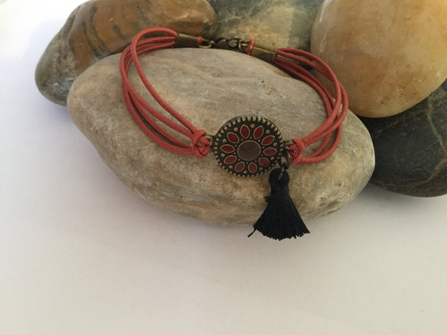 Pendant w/Blk Tassel, Rust Hemp Inspirational Quoted Bracelet.