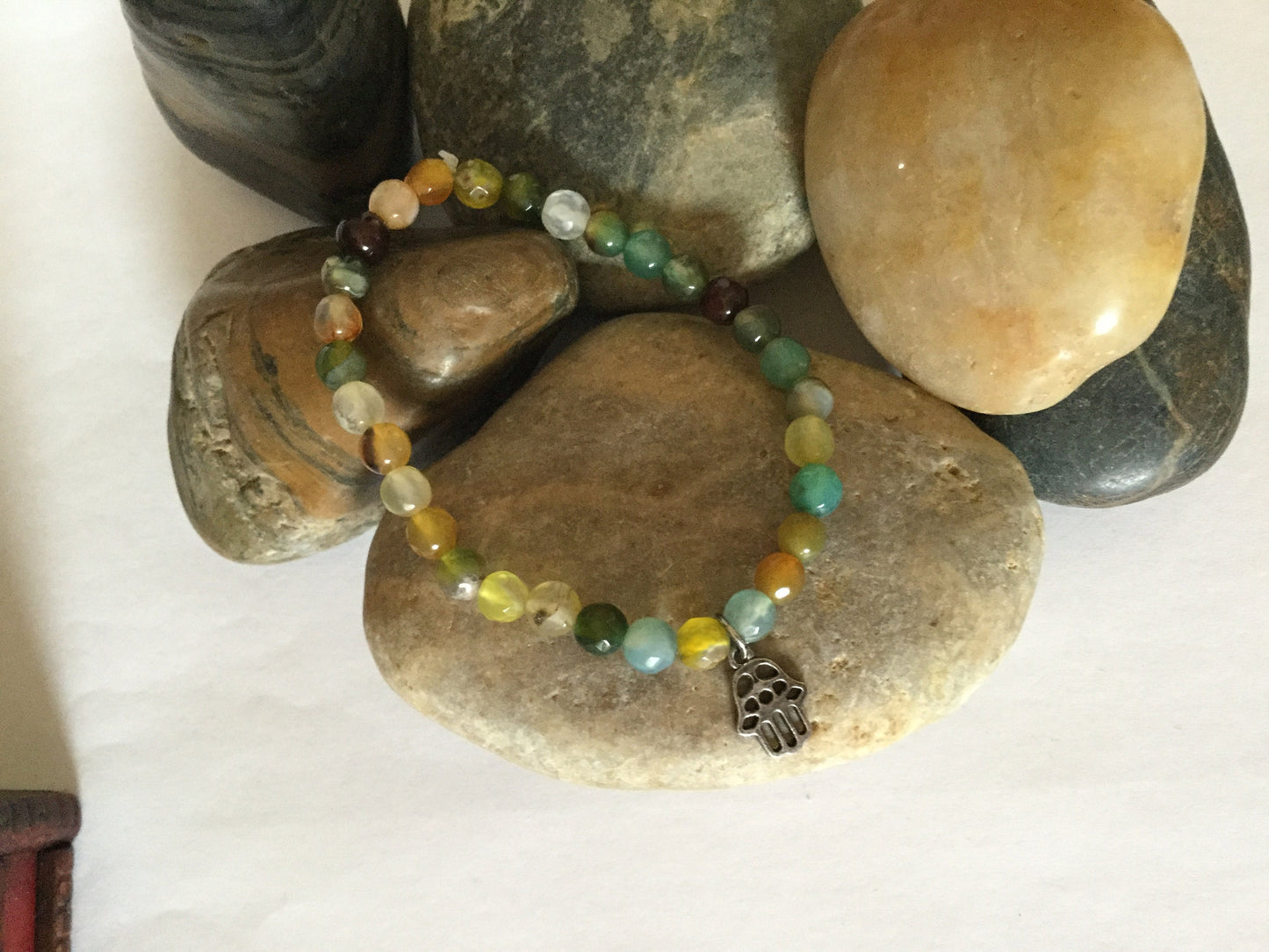 Agate, Color Stones w/Hamsa Hand  Healing Bracelet.