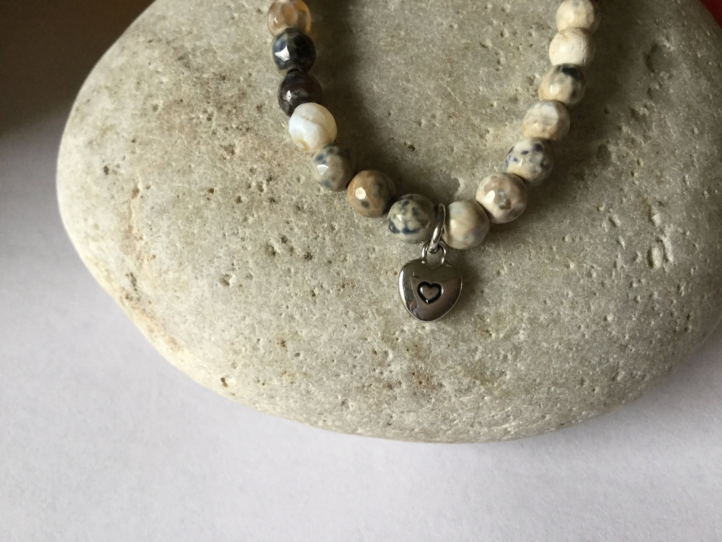 Agate, Beige & Grey Stones w/Heart Healing Bracelet.