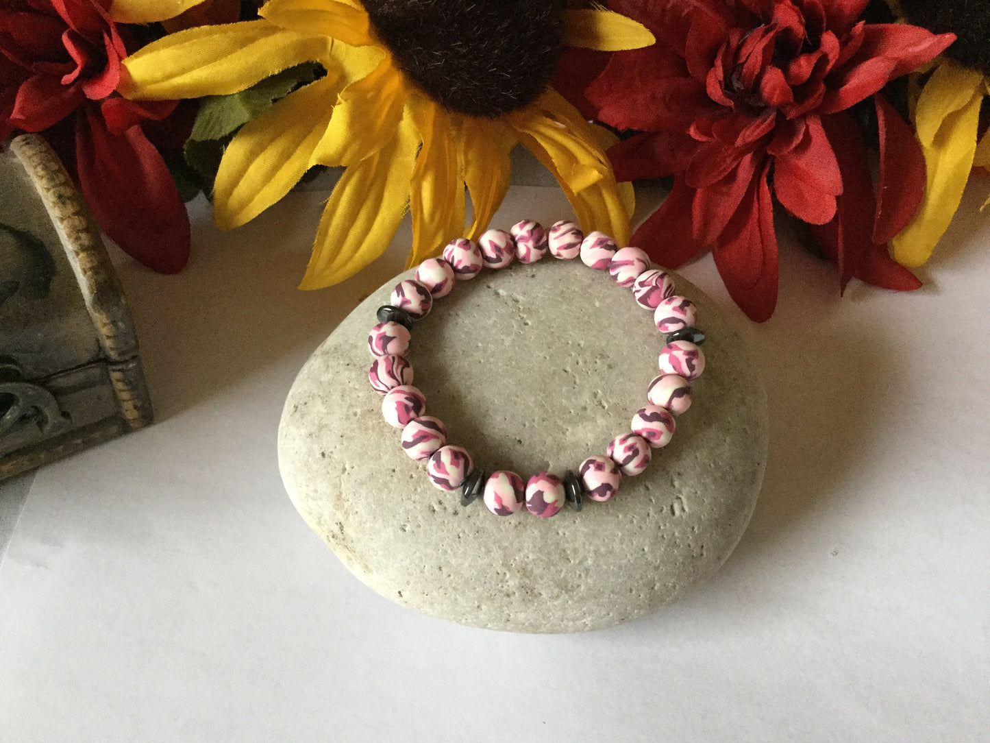 Clay, Pink Camouflage w/Hematite Stones Healing Bracelet.