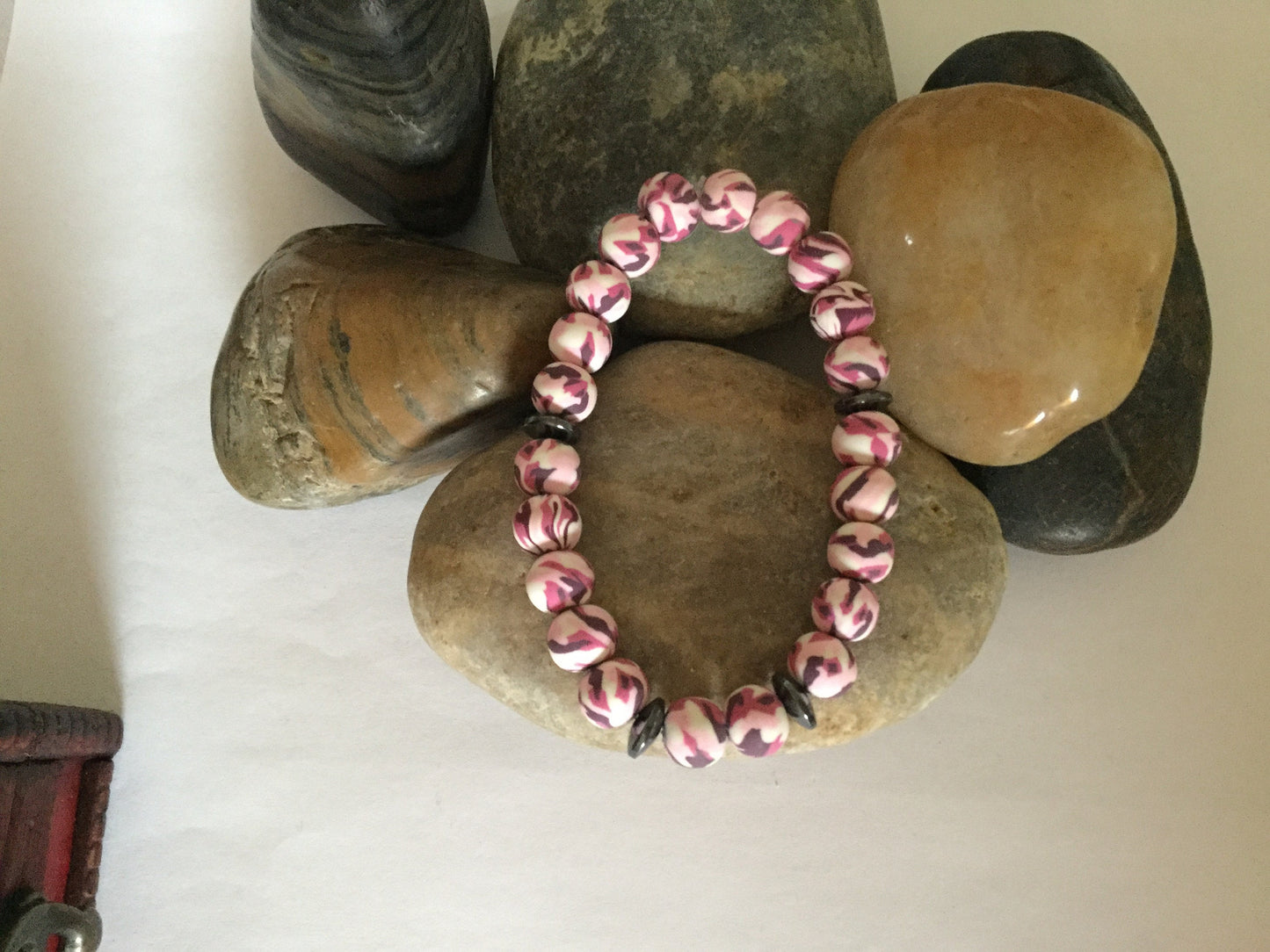 Clay, Pink Camouflage w/Hematite Stones Healing Bracelet.