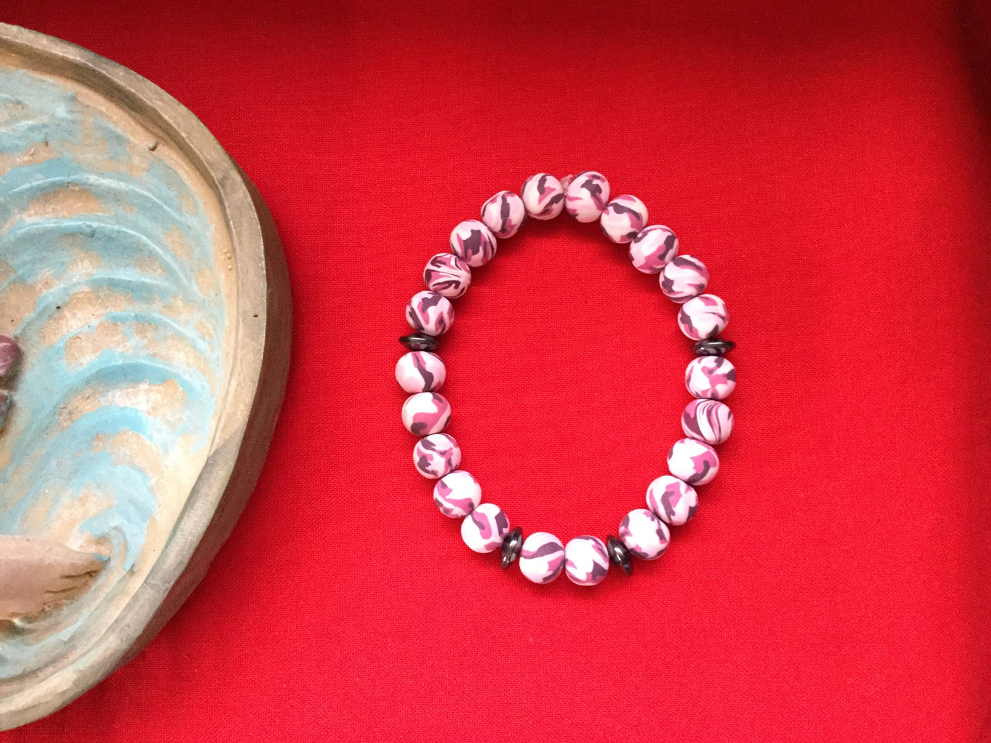 Clay, Pink Camouflage w/Hematite Stones Healing Bracelet.