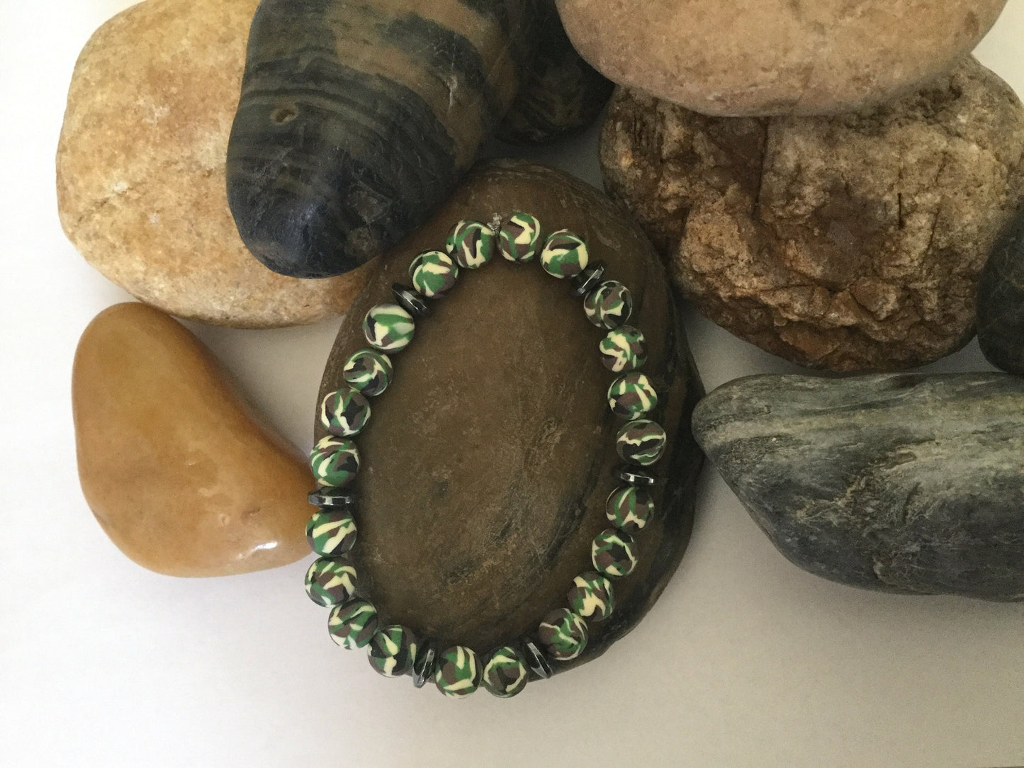 Clay, Green Camouflage w/Hematite Stones, Healing Bracelet.