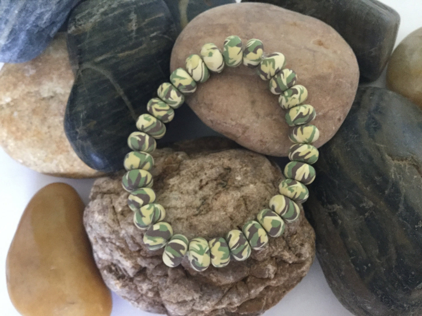 Clay, Light Green Camouflage Rondelle, Healing Bracelet.