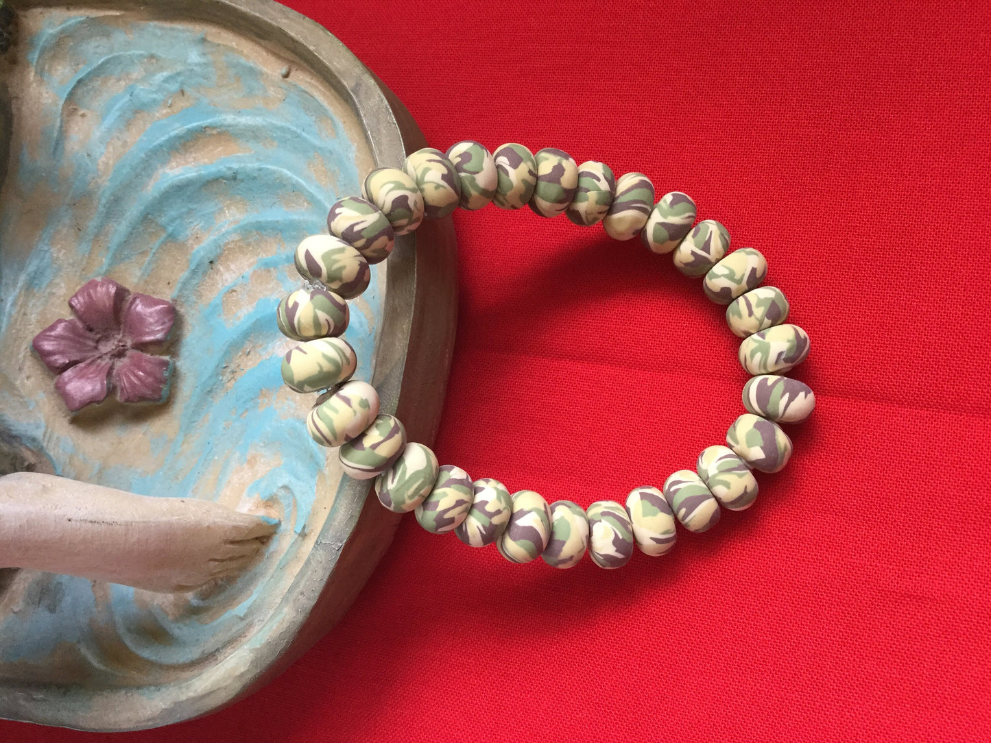 Clay, Light Green Camouflage Rondelle, Healing Bracelet.