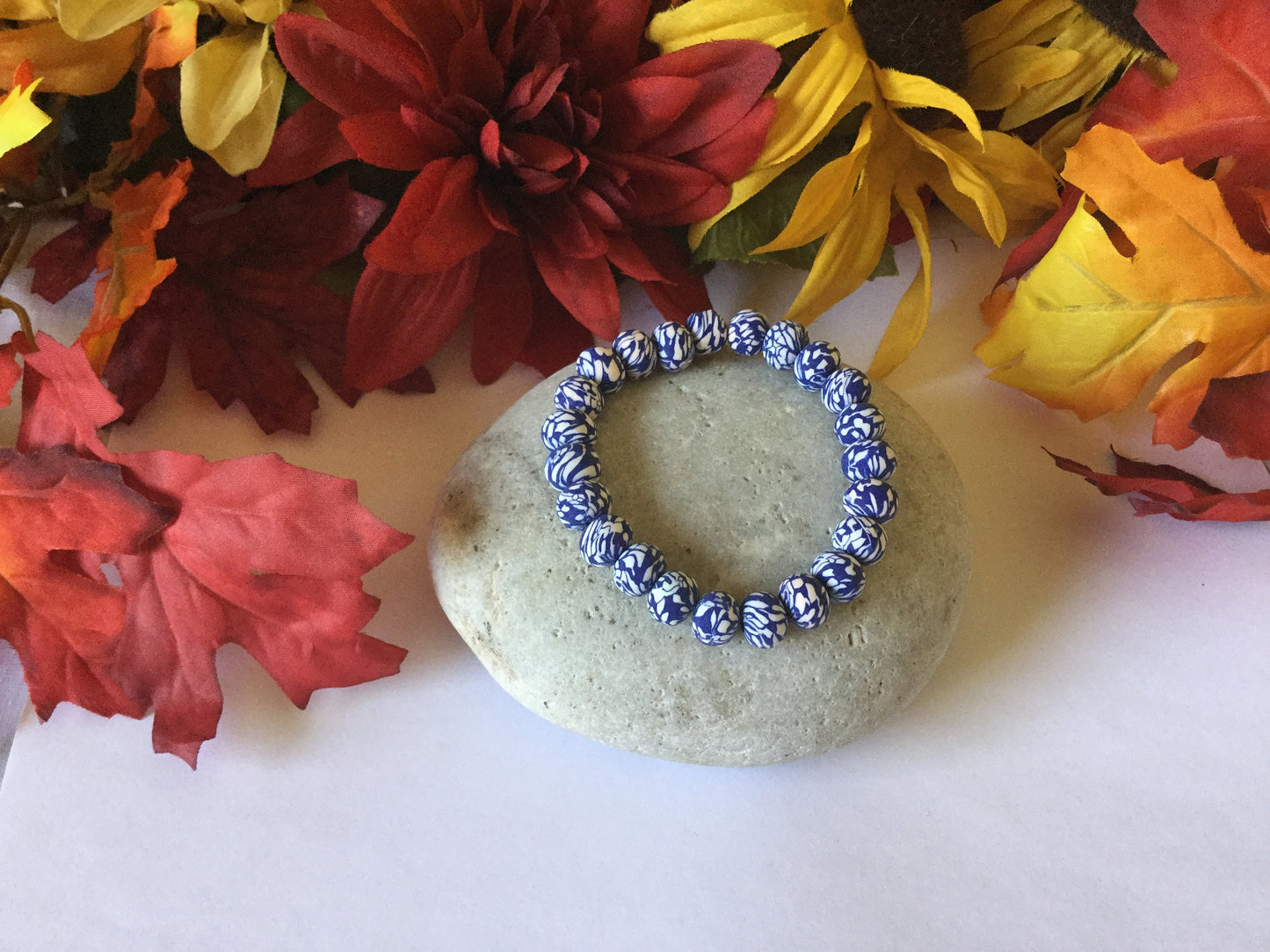 Clay, Blue & White Camouflage Rondelle, Healing Bracelet.