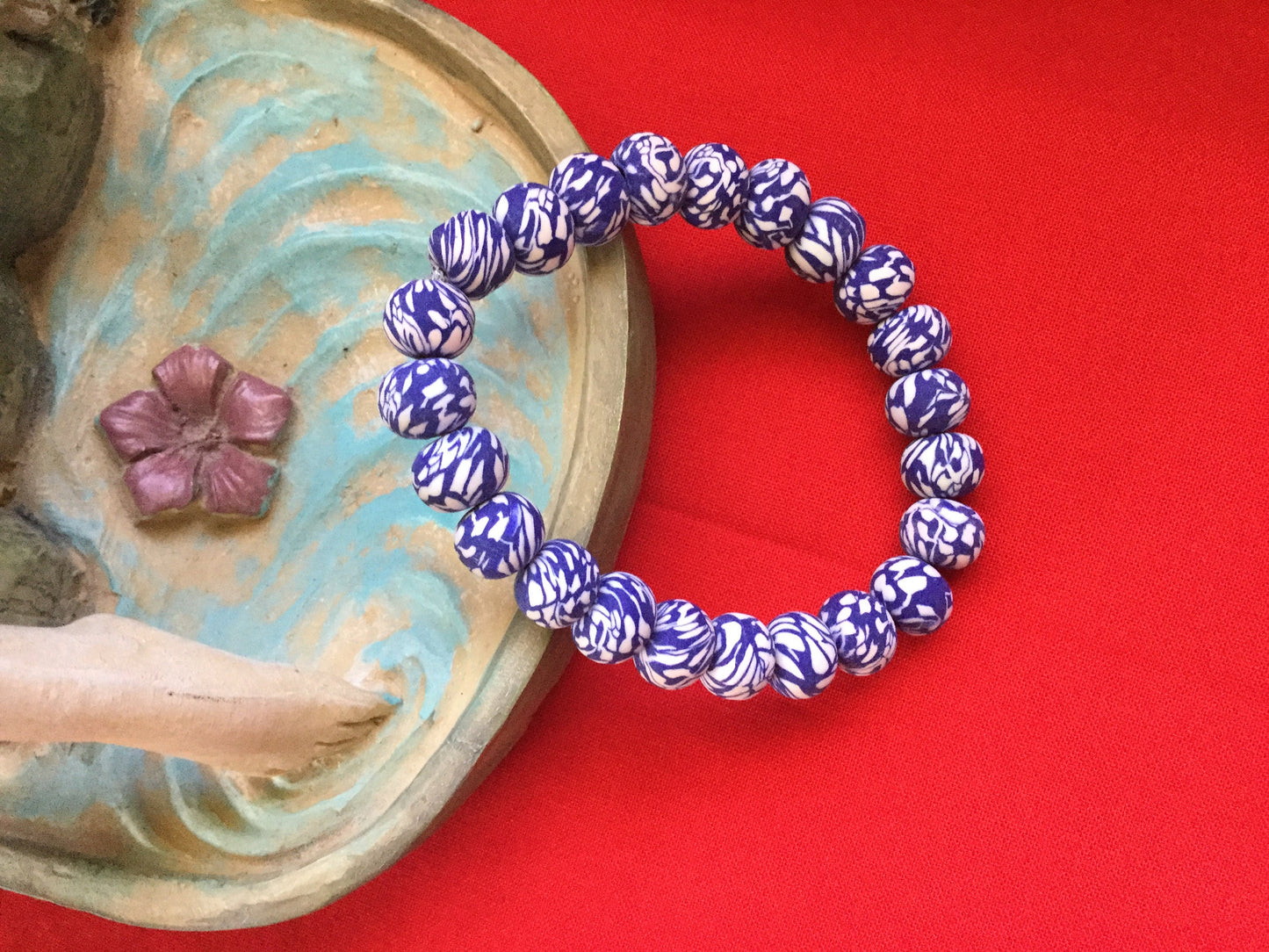 Clay, Blue & White Camouflage Rondelle, Healing Bracelet.