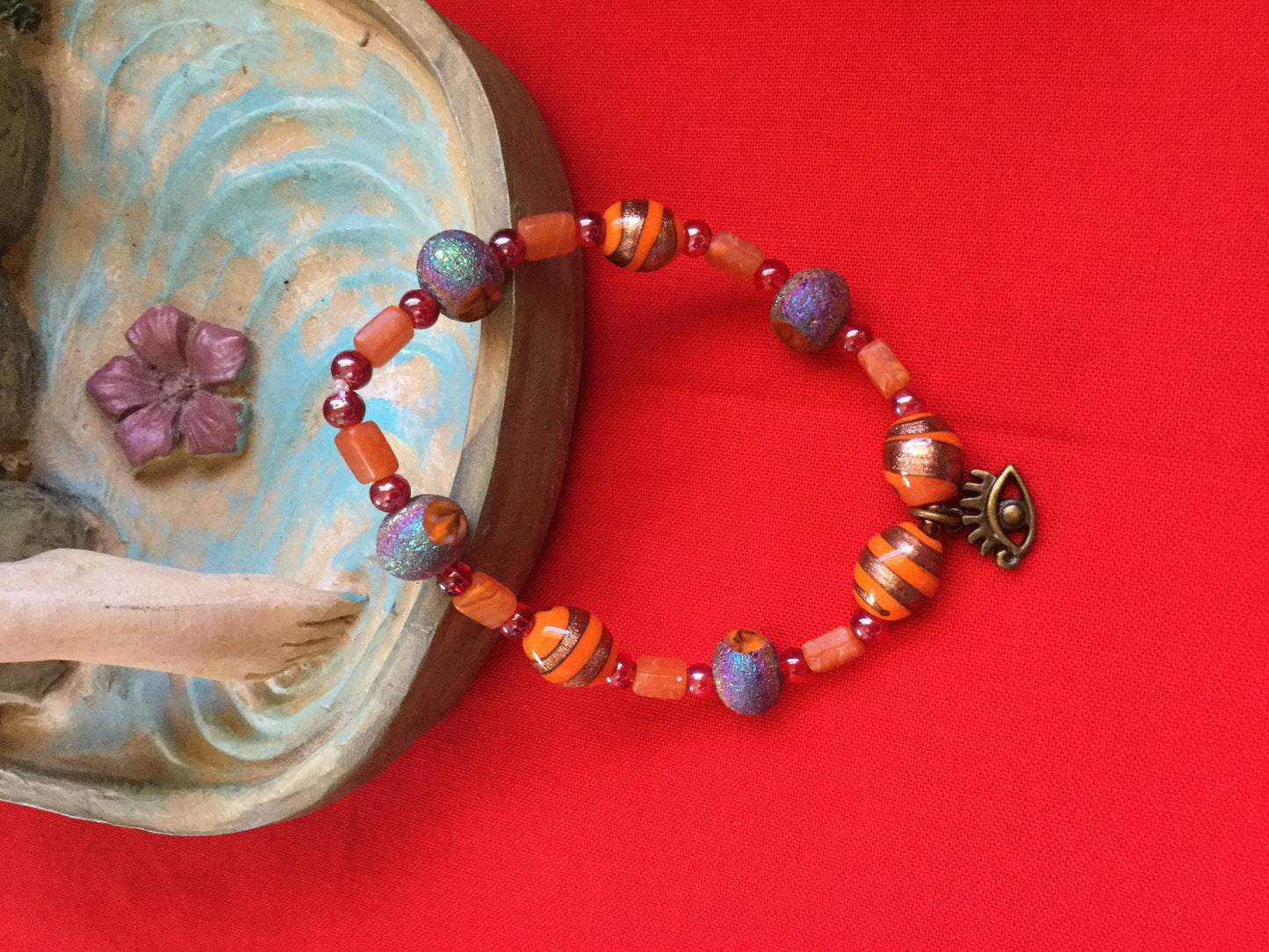 Vibrant Orange Stones w/Evil Eye, Healing Bracelet.