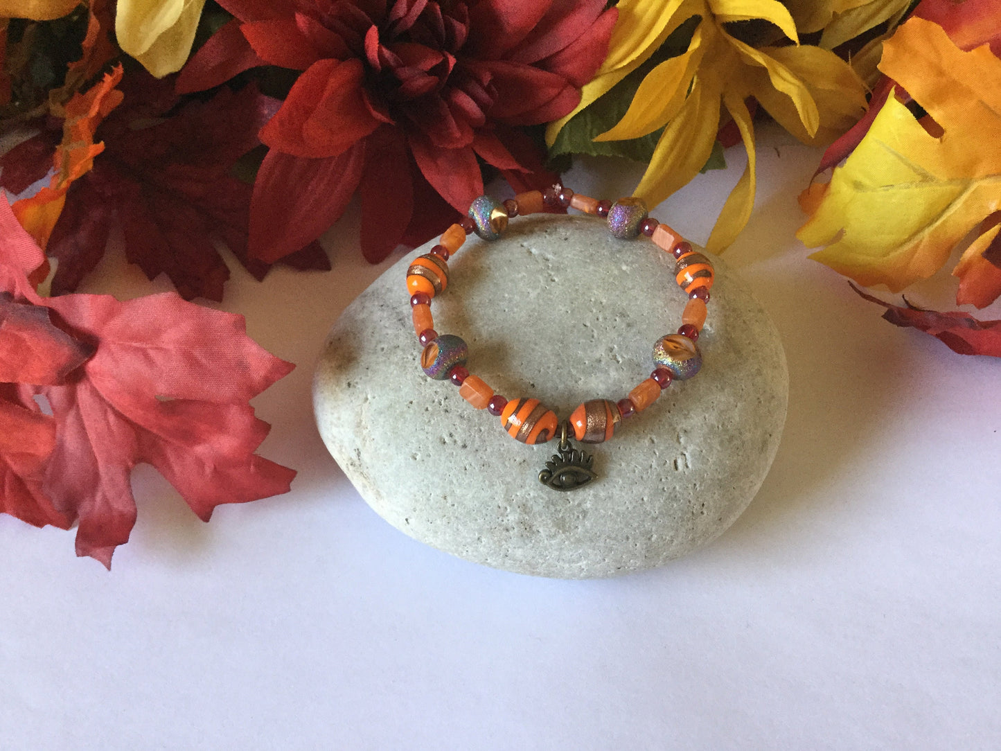 Vibrant Orange Stones w/Evil Eye, Healing Bracelet.