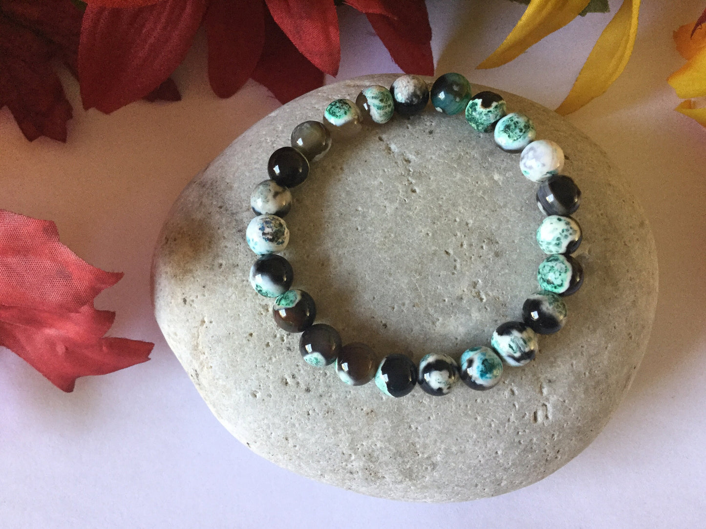 Agate Stone “Lime Green, Black” , Healing Bracelet.