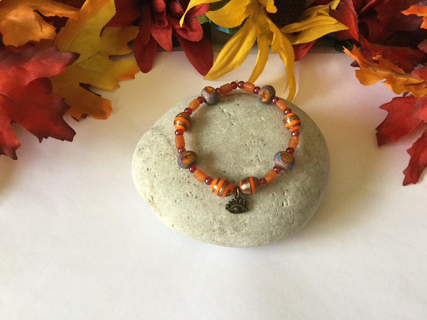 Vibrant Orange Stones w/Evil Eye, Healing Bracelet.