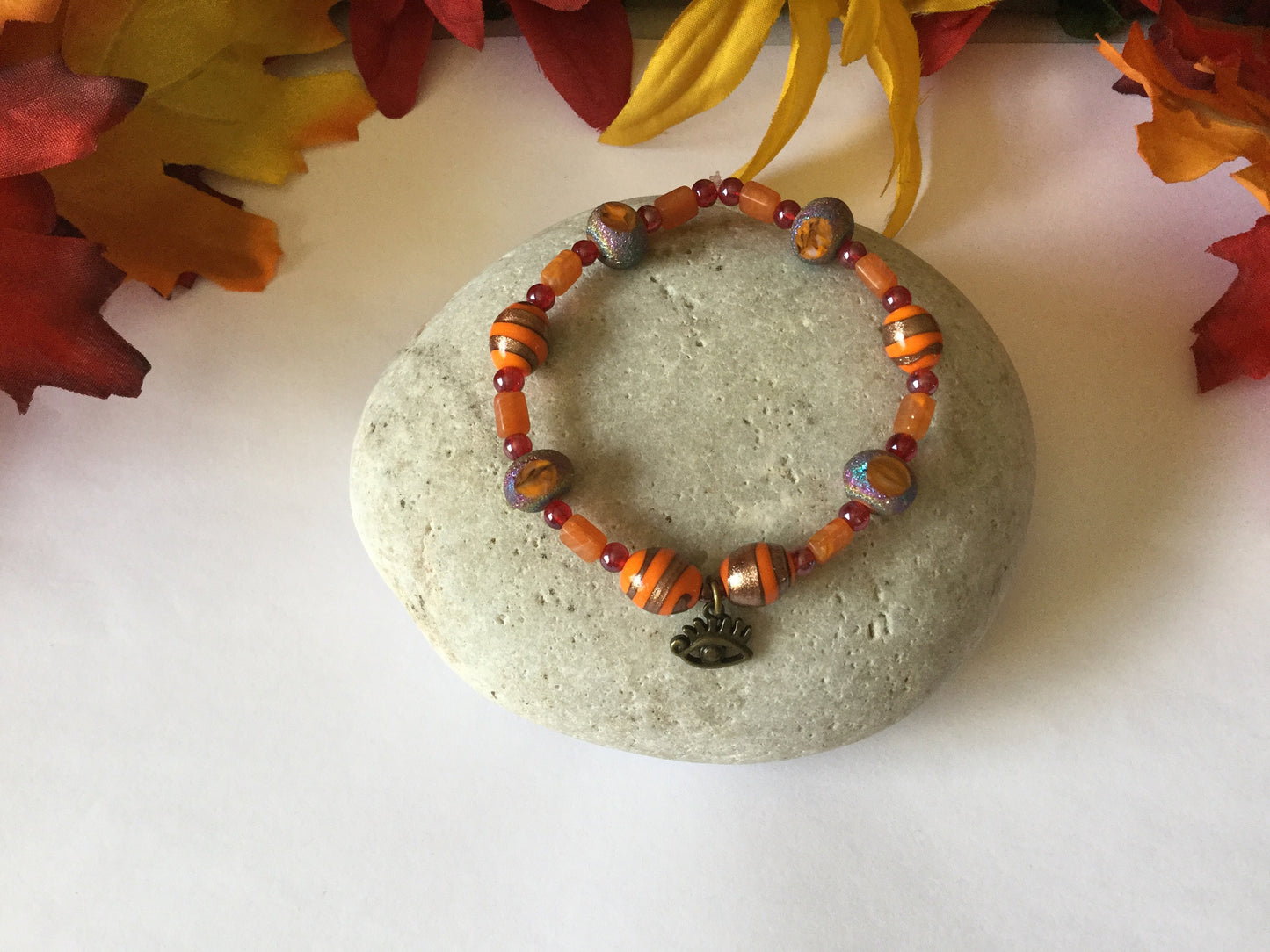 Vibrant Orange Stones w/Evil Eye, Healing Bracelet.