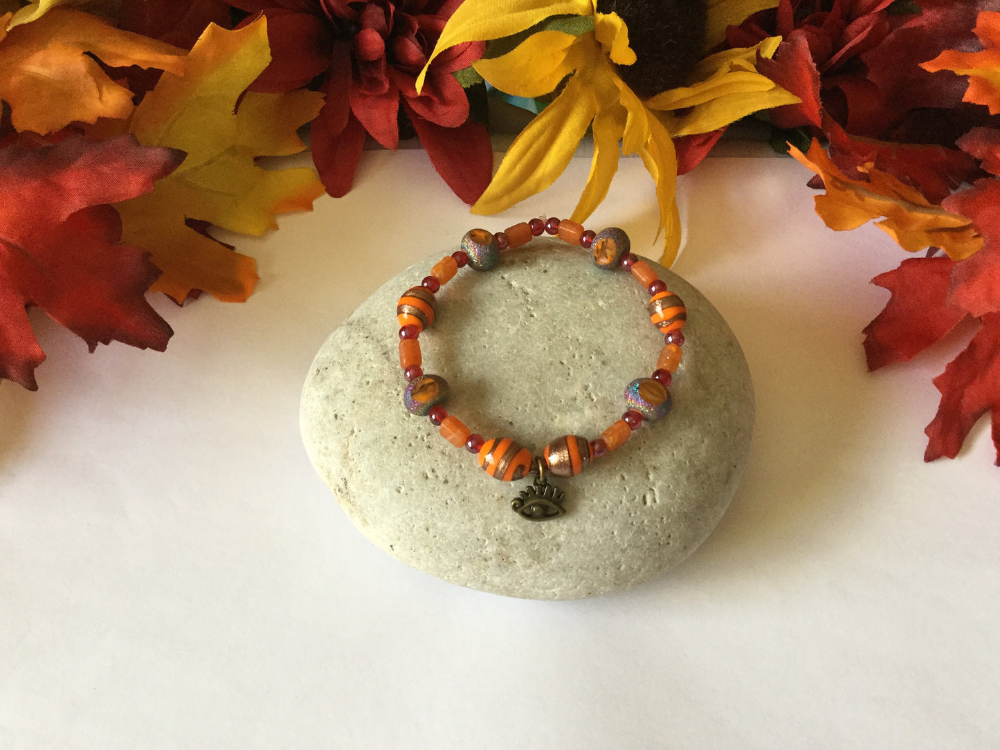 Vibrant Orange Stones w/Evil Eye, Healing Bracelet.