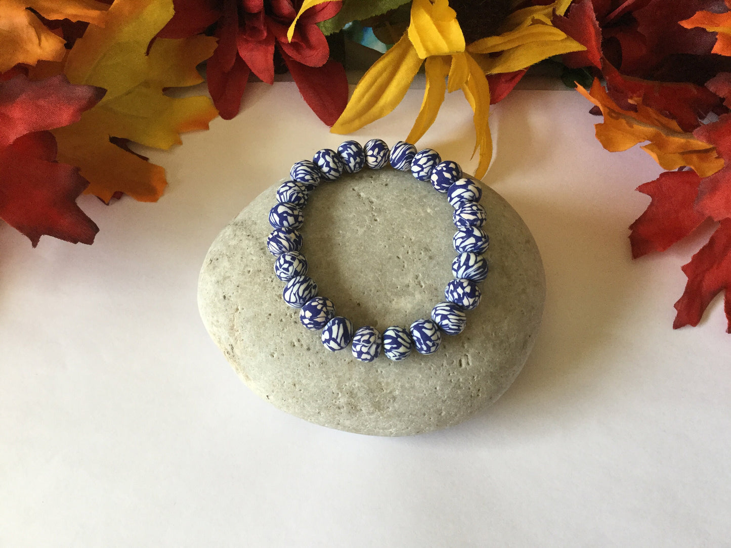 Clay, Blue & White Camouflage Rondelle, Healing Bracelet.