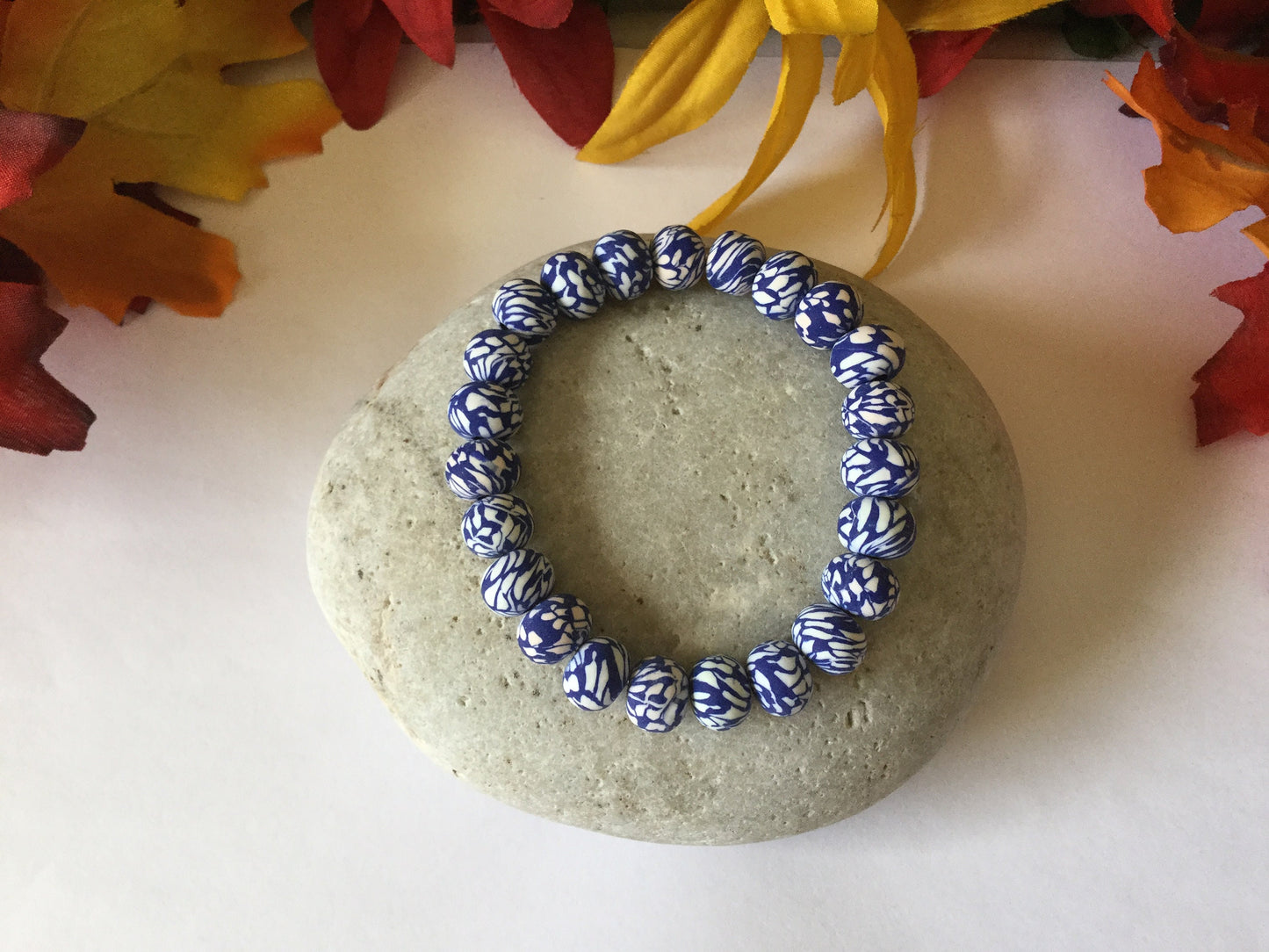 Clay, Blue & White Camouflage Rondelle, Healing Bracelet.