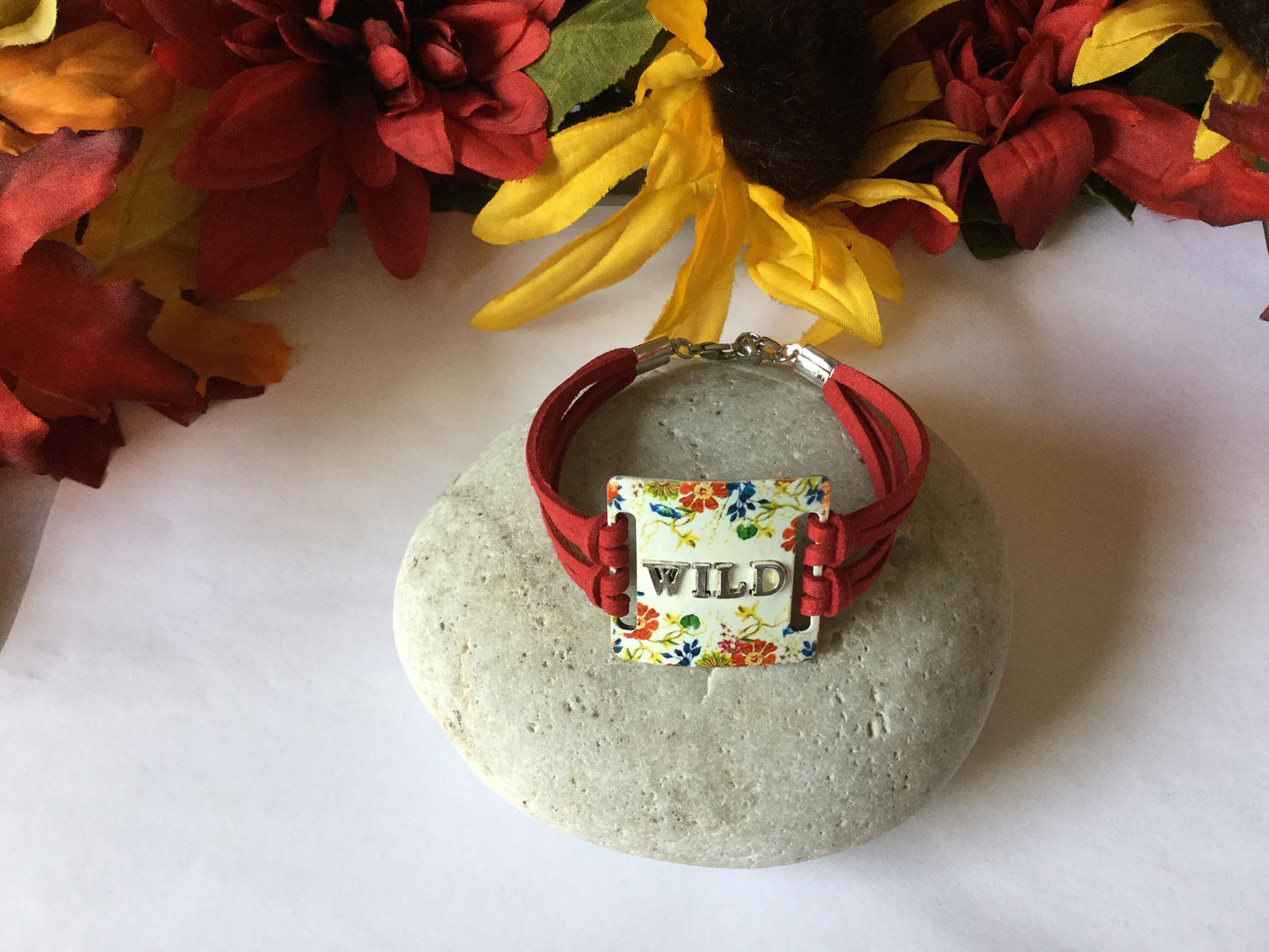 Wild, Red Suede Metal Quoted Bracelet.