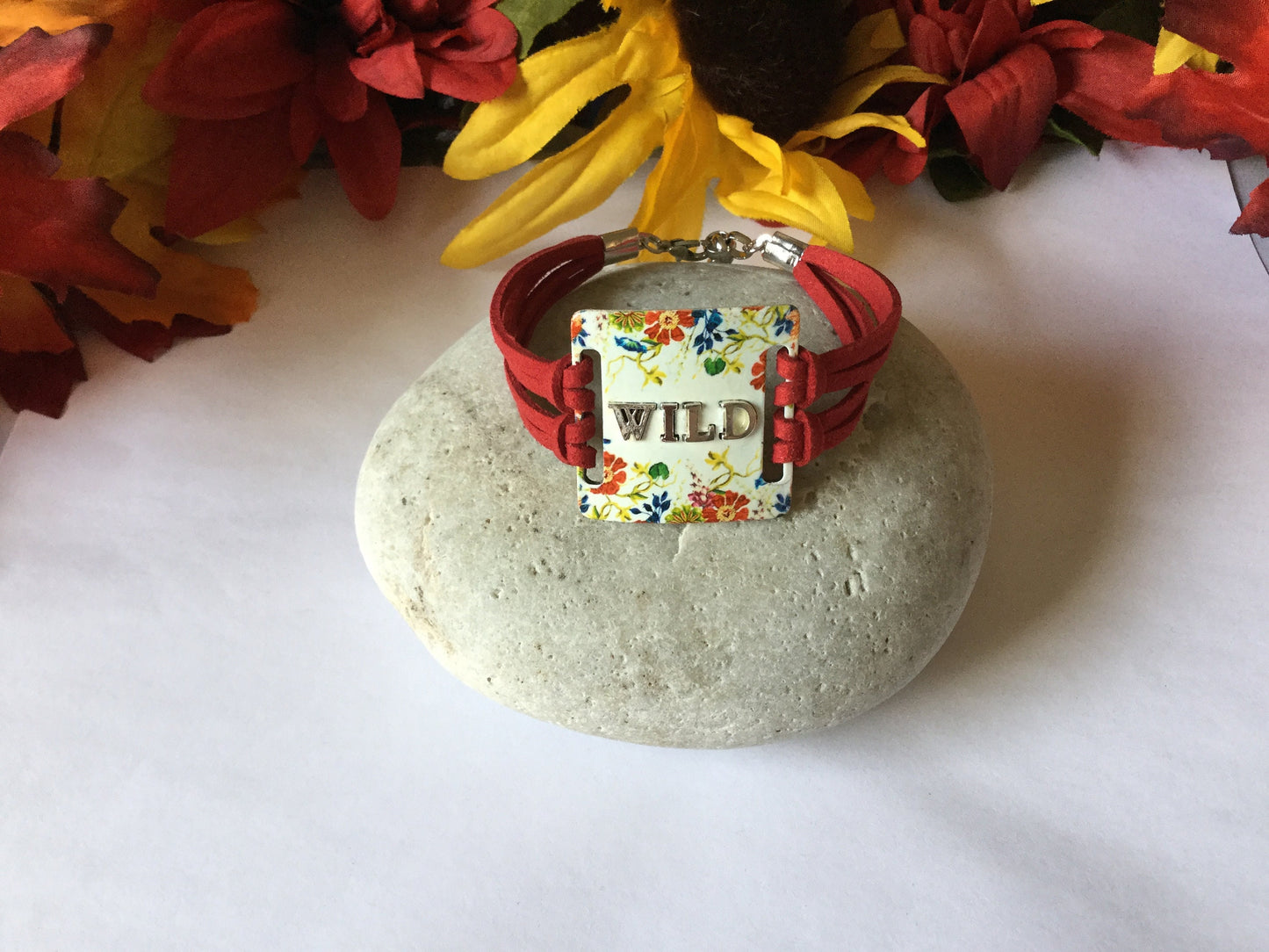 Wild, Red Suede Metal Quoted Bracelet.