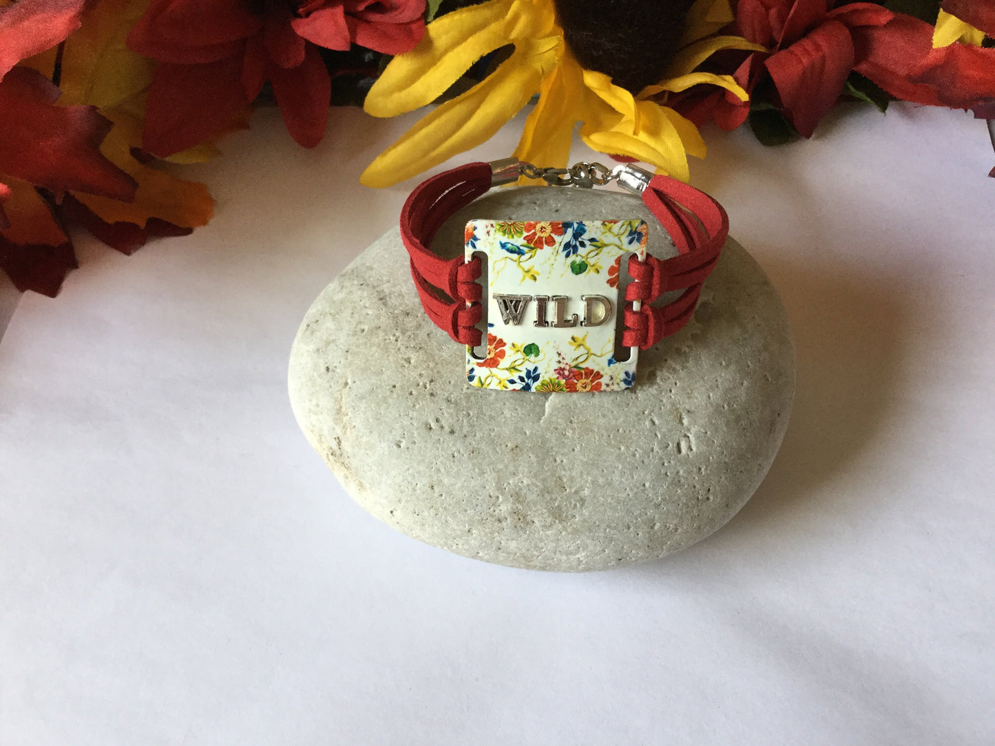 Wild, Red Suede Metal Quoted Bracelet.