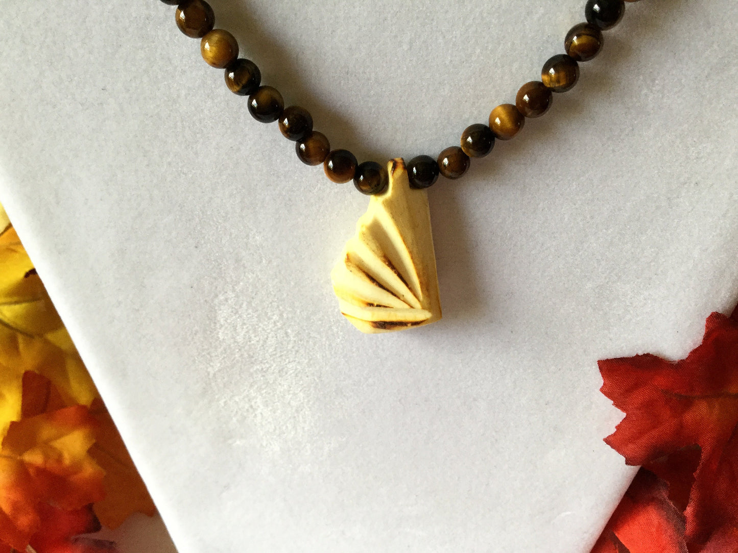 Tiger Eye Stones w/Carved Ivory Pendant, Healing Necklace.