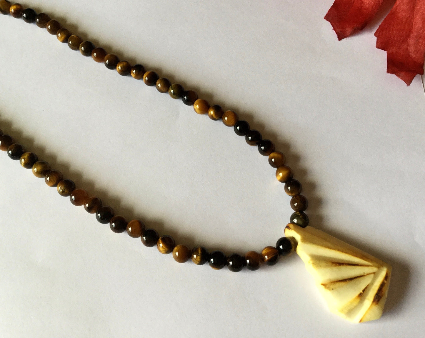 Tiger Eye Stones w/Carved Ivory Pendant, Healing Necklace.