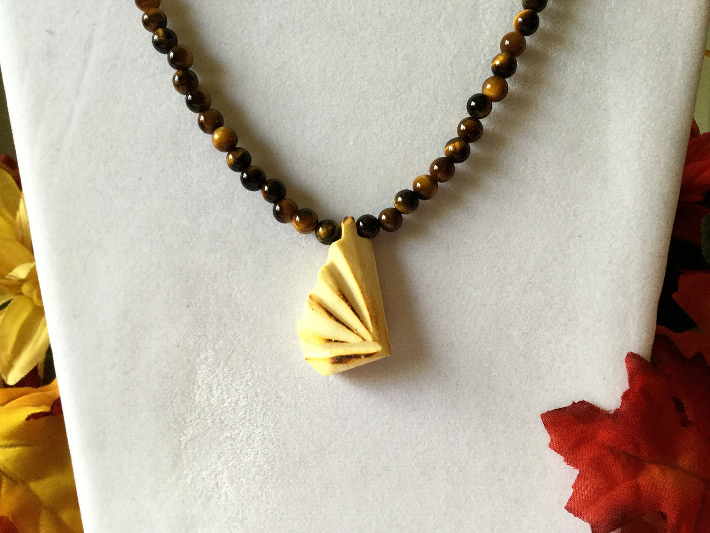 Tiger Eye Stones w/Carved Ivory Pendant, Healing Necklace.