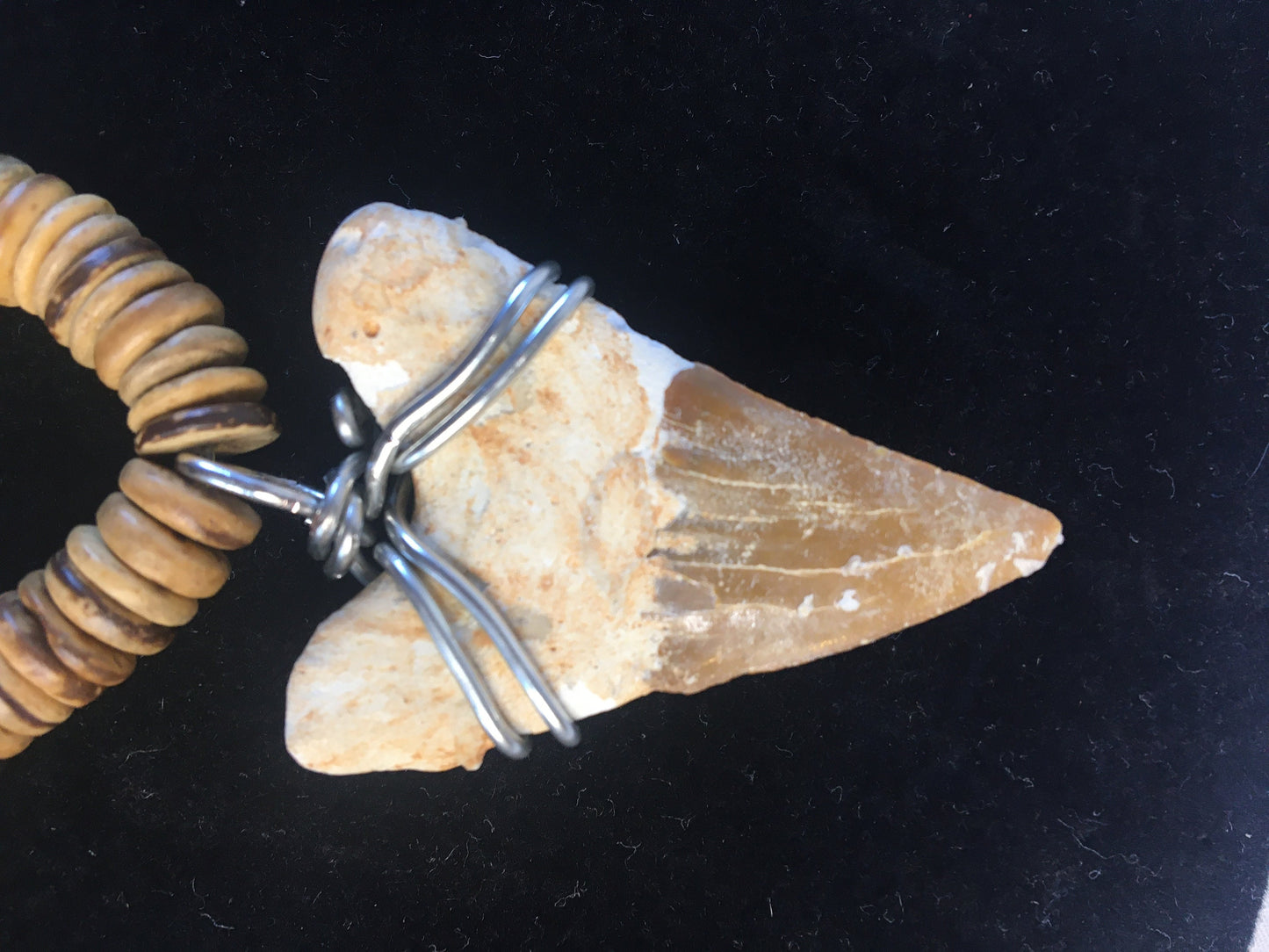 Natural Wood Beaded w/Shark Tooth Pendant, Healing Necklace.