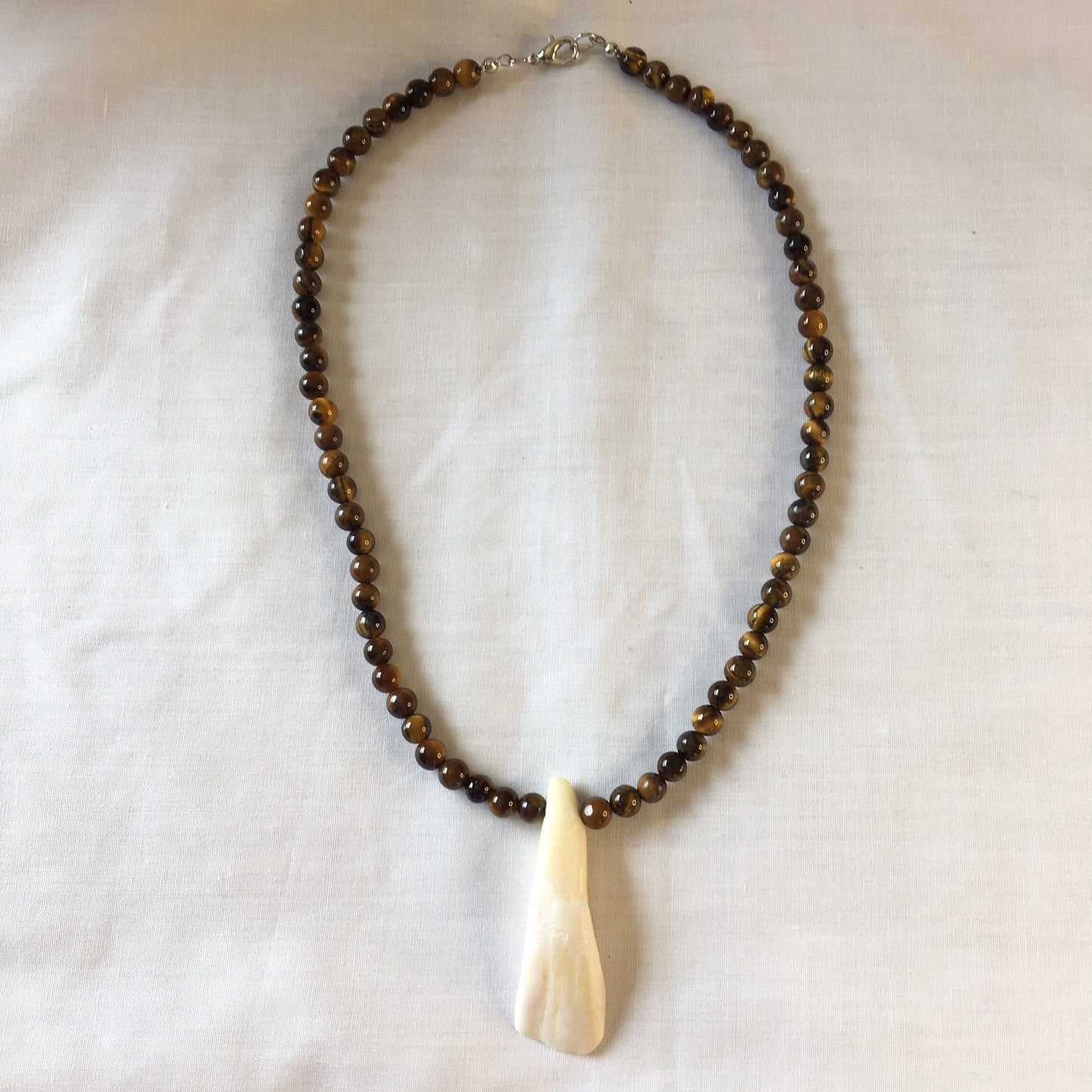 Tiger Eye Stones w/ Water Buffalo Tooth Pendant, Healing Necklace.