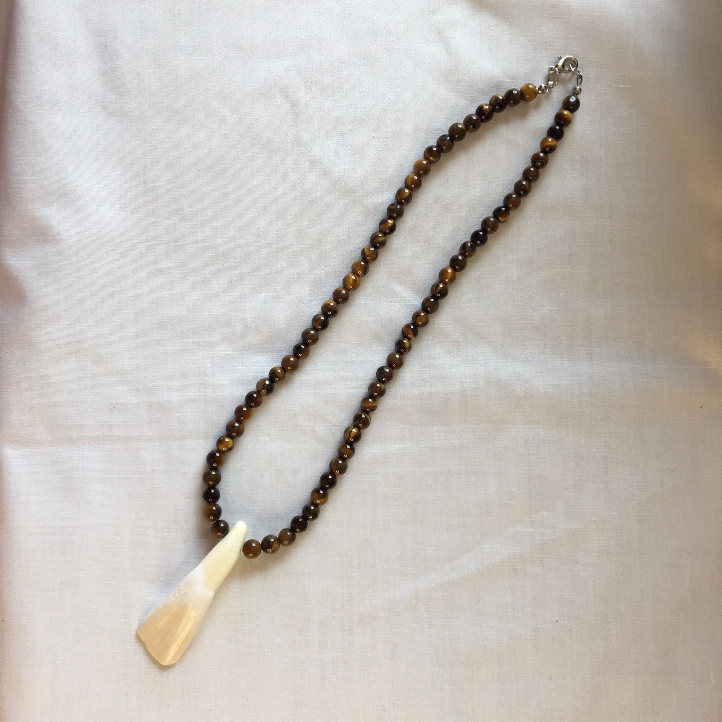 Tiger Eye Stones w/ Water Buffalo Tooth Pendant, Healing Necklace.