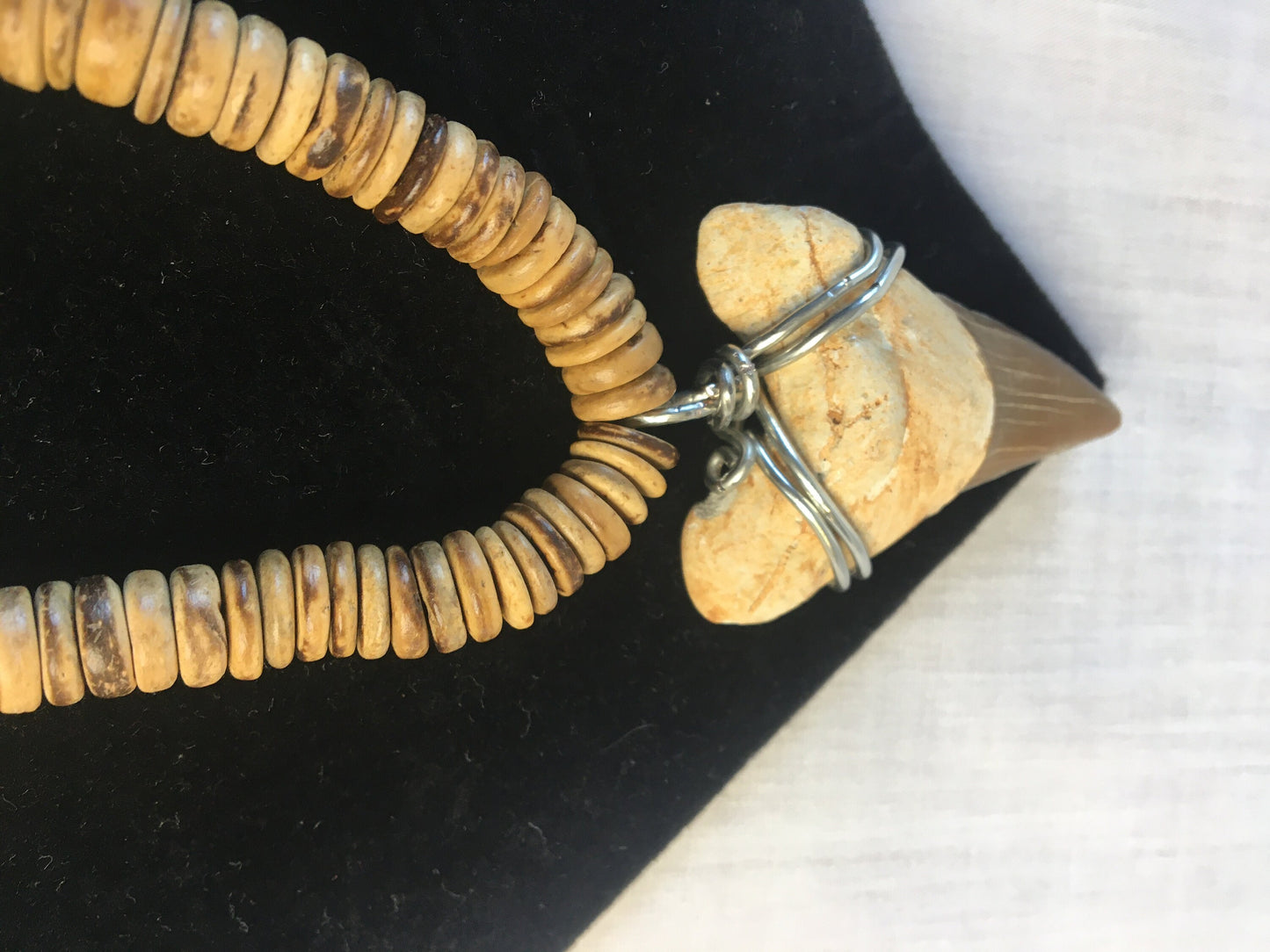 Natural Wood Beaded w/Shark Tooth Pendant, Healing Necklace.