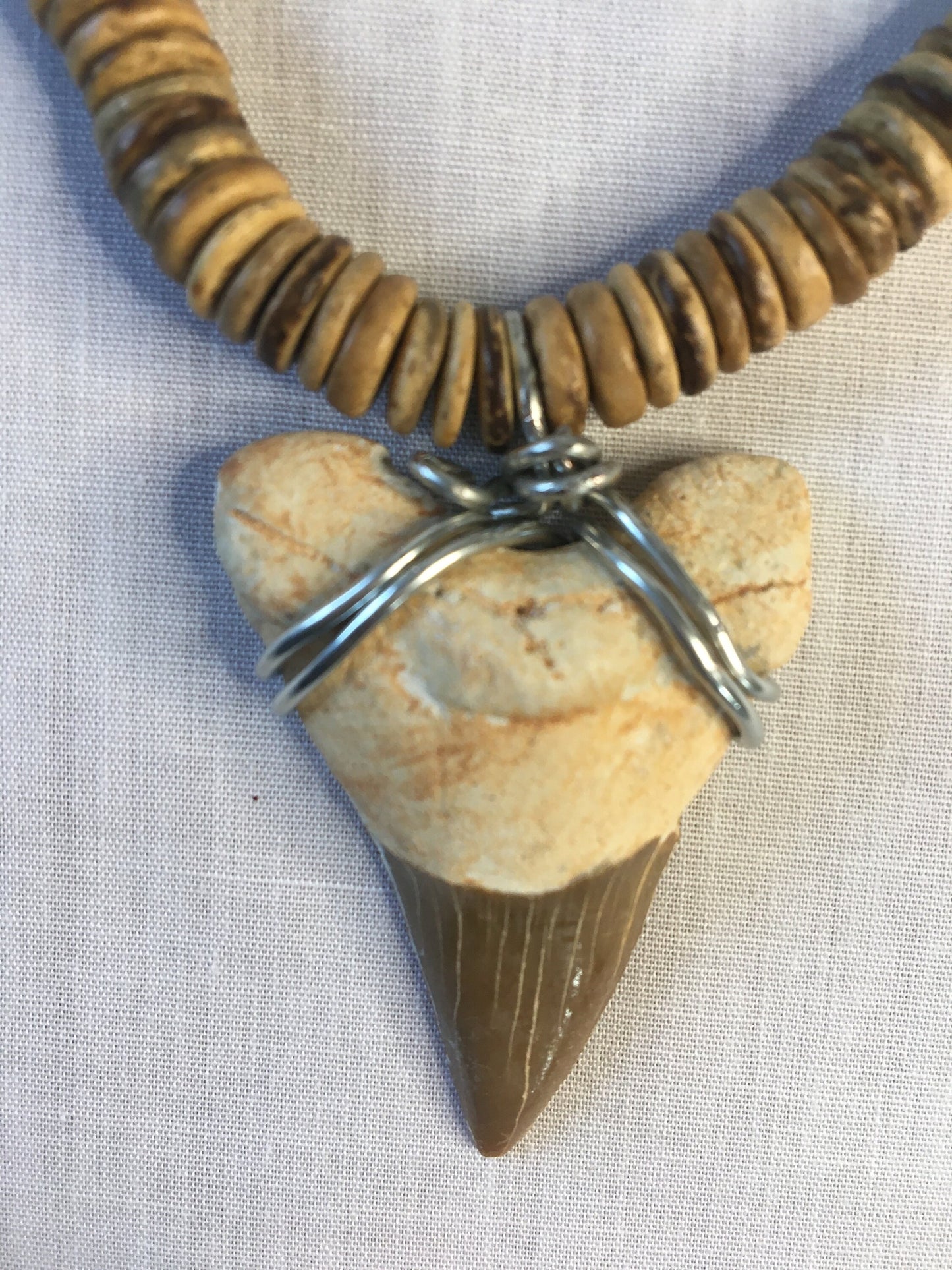 Natural Wood Beaded w/Shark Tooth Pendant, Healing Necklace.