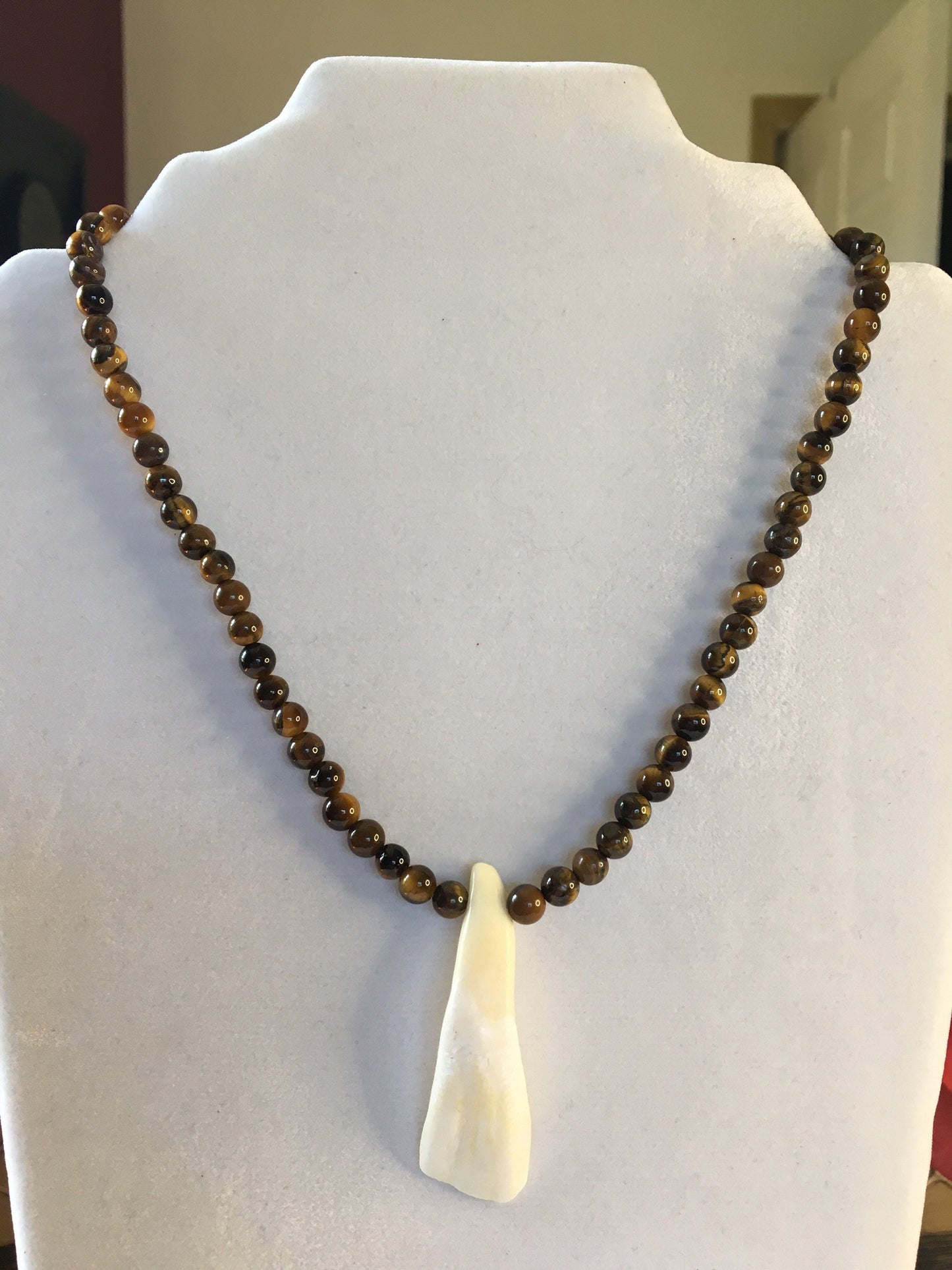 Tiger Eye Stones w/ Water Buffalo Tooth Pendant, Healing Necklace.