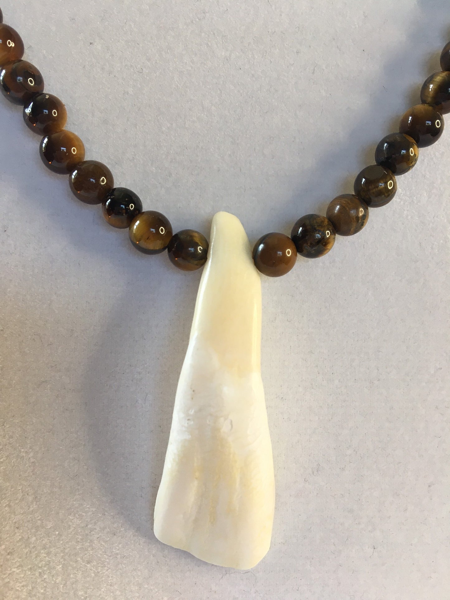 Tiger Eye Stones w/ Water Buffalo Tooth Pendant, Healing Necklace.