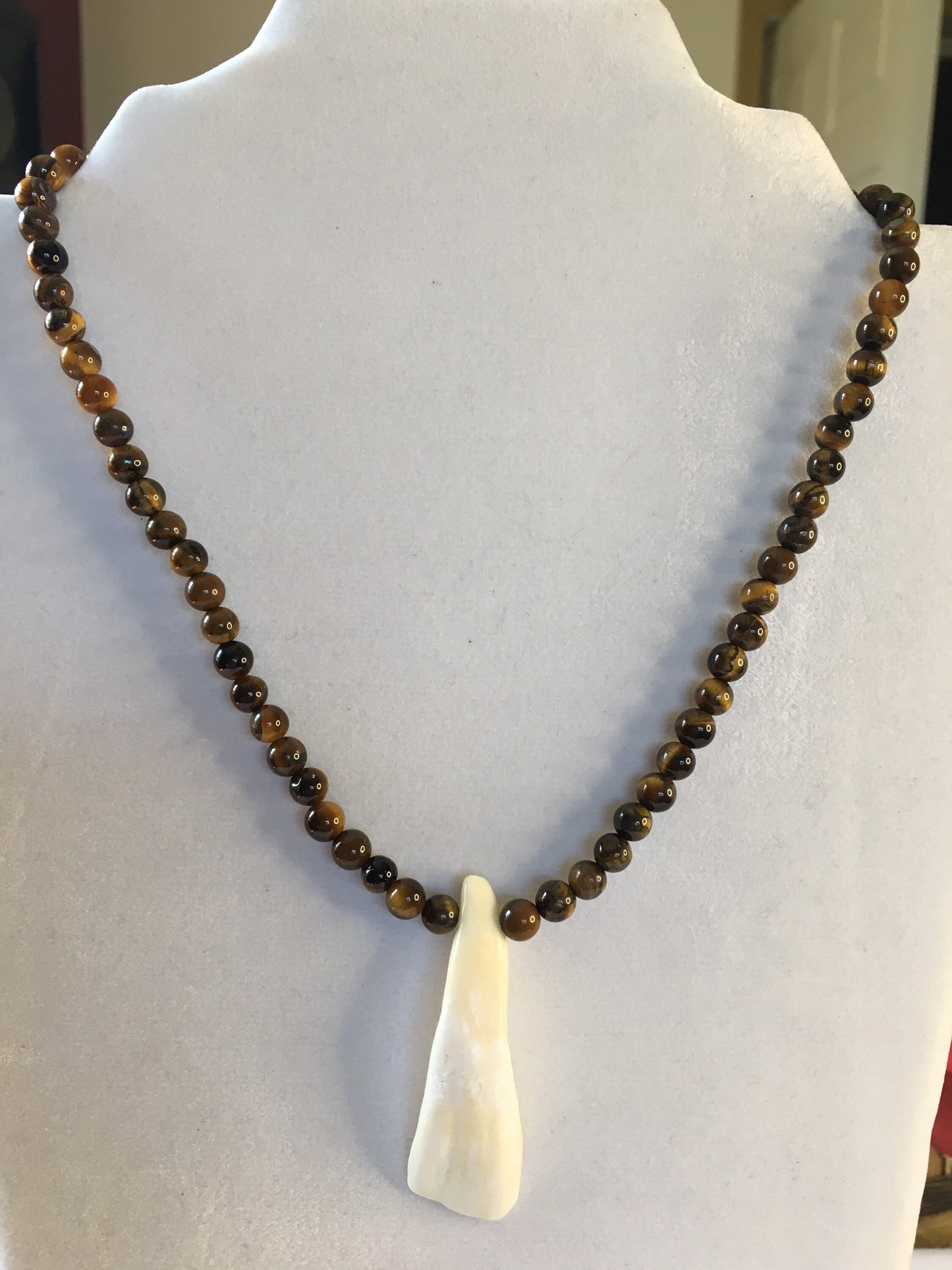 Tiger Eye Stones w/ Water Buffalo Tooth Pendant, Healing Necklace.