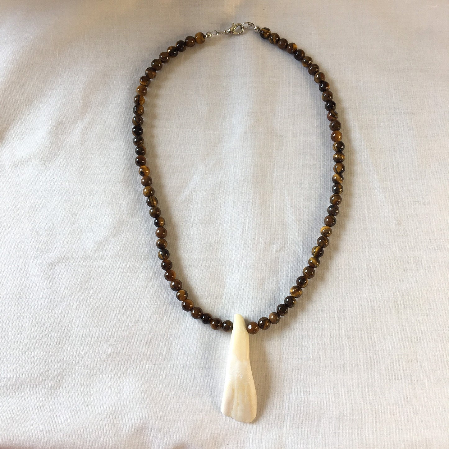 Tiger Eye Stones w/ Water Buffalo Tooth Pendant, Healing Necklace.