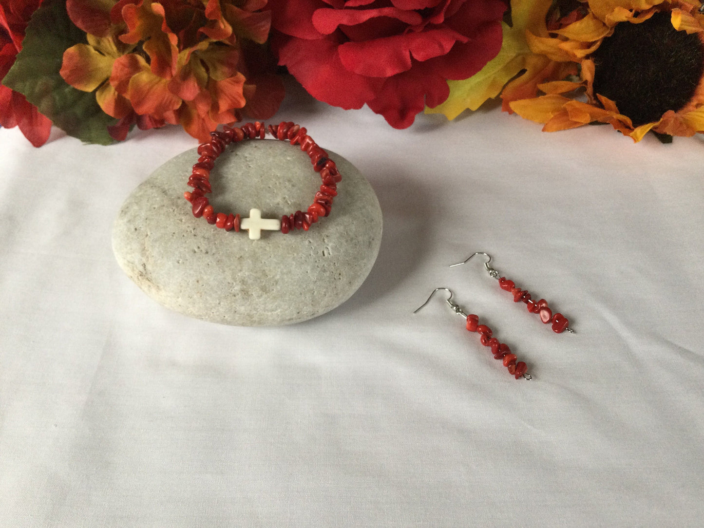 Red Bamboo Coral Chips, w/Reconstituted White Cross Stone, Healing Bracelet w/Earrings.
