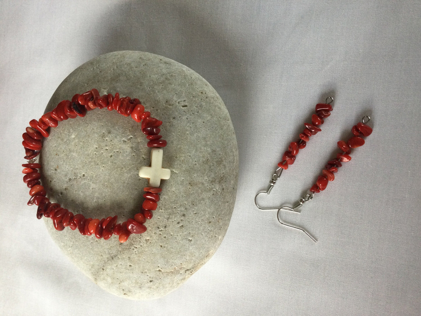 Red Bamboo Coral Chips, w/Reconstituted White Cross Stone, Healing Bracelet w/Earrings.