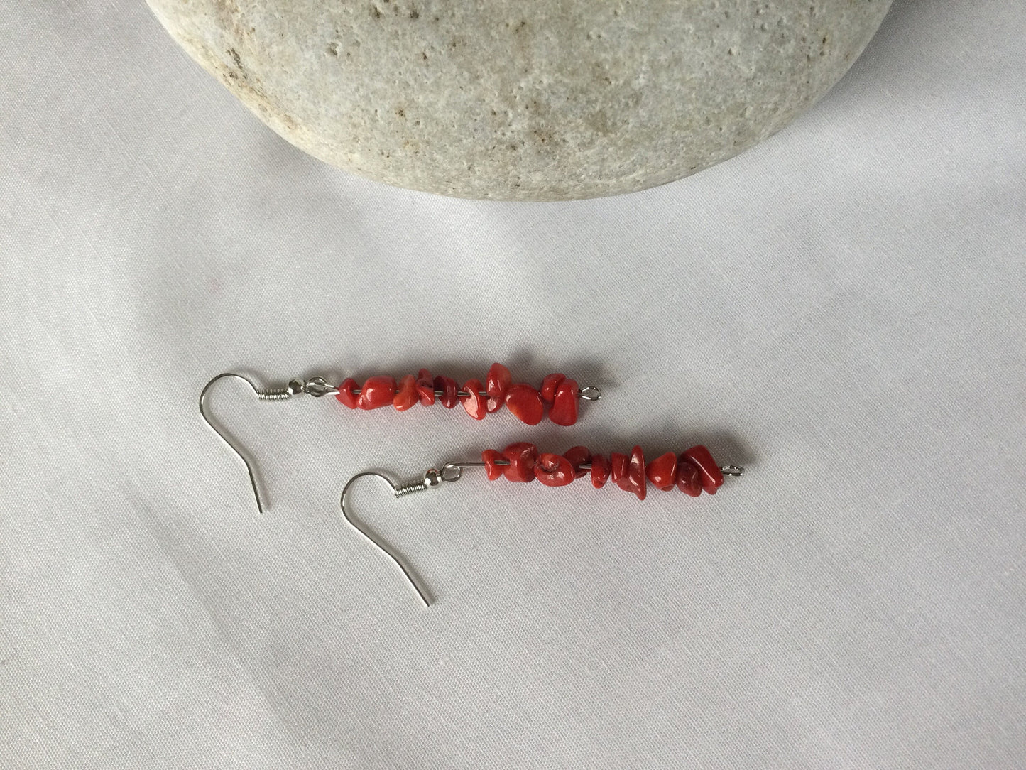 Red Bamboo Coral Chips, w/Reconstituted White Cross Stone, Healing Bracelet w/Earrings.