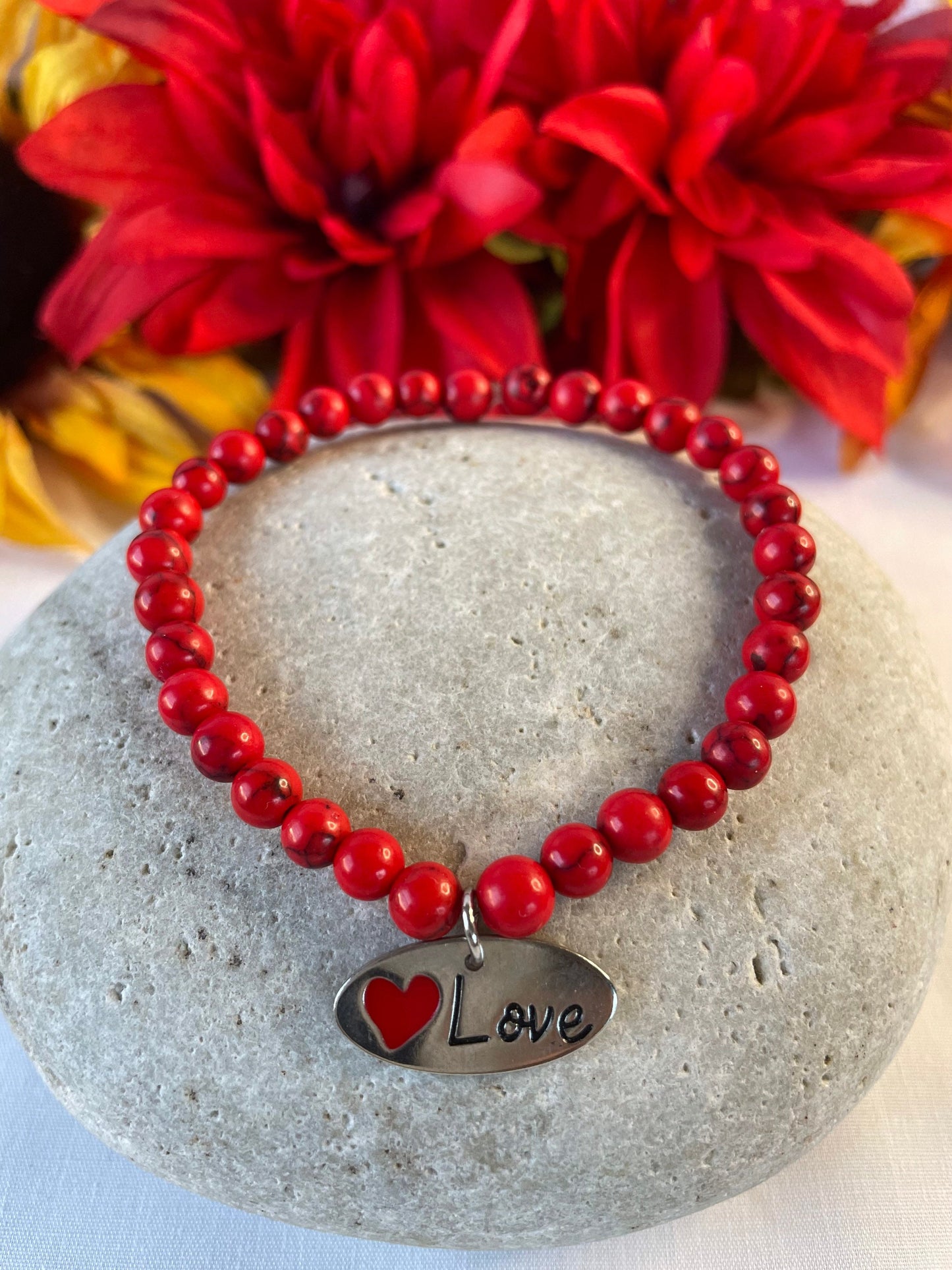 Red Bamboo Coral w/Love Charm, Healing Bracelet.