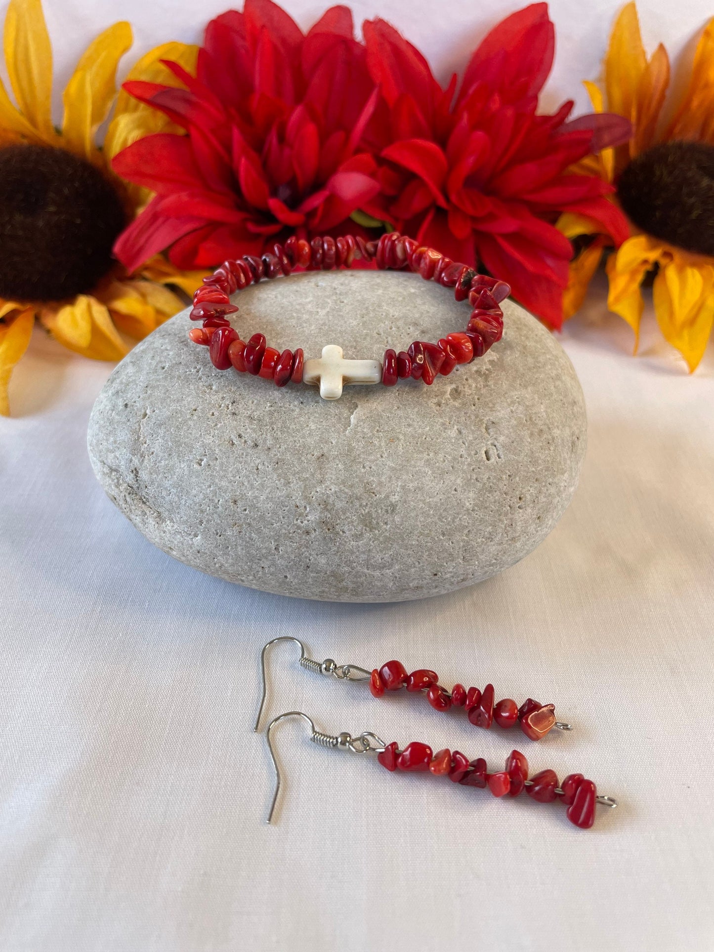 Red Bamboo Coral Chips, w/Reconstituted White Cross Stone, Healing Bracelet w/Earrings.