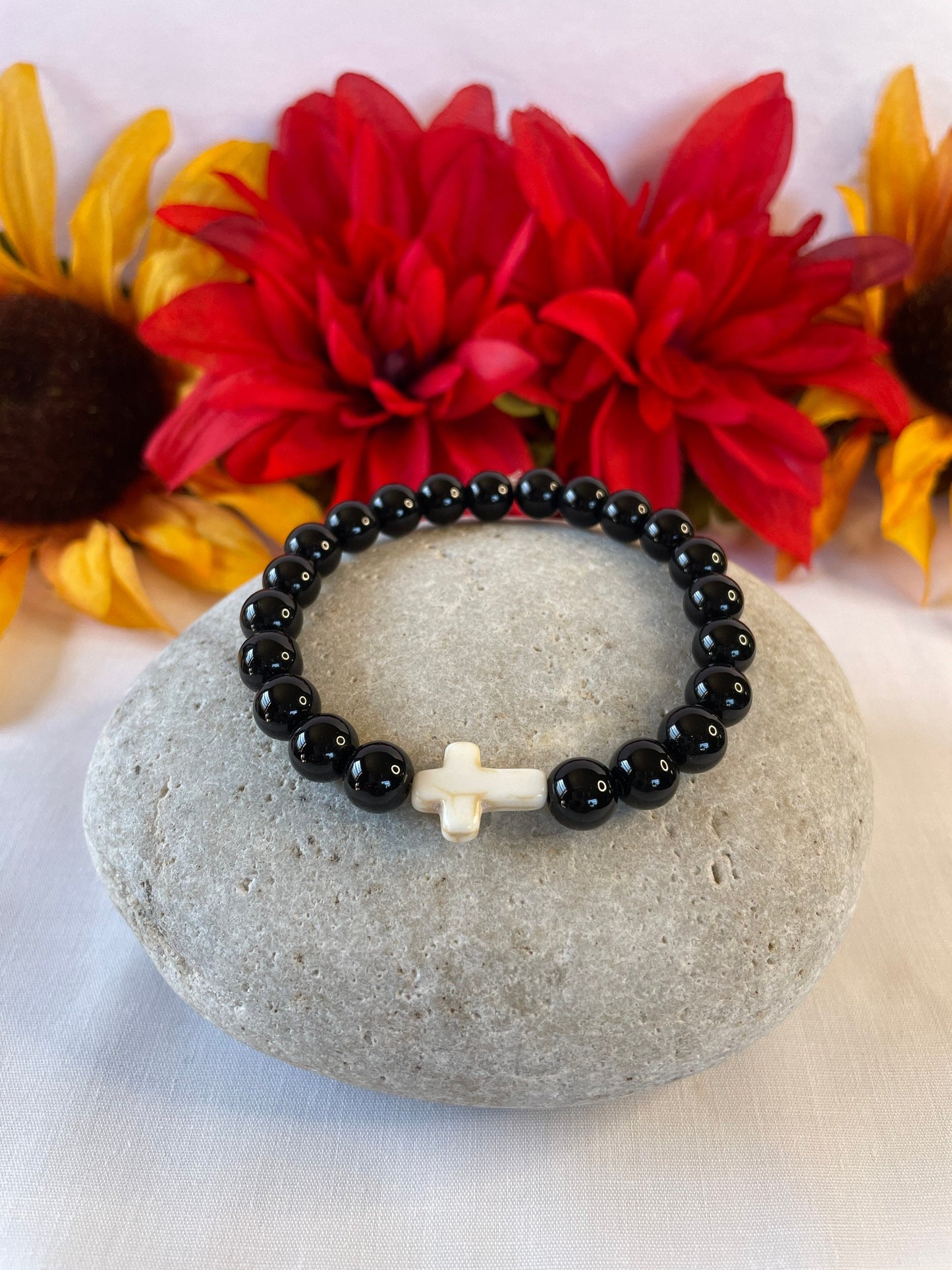 Jasper Black w/Reconstituted White Cross Stone, Healing Bracelet.