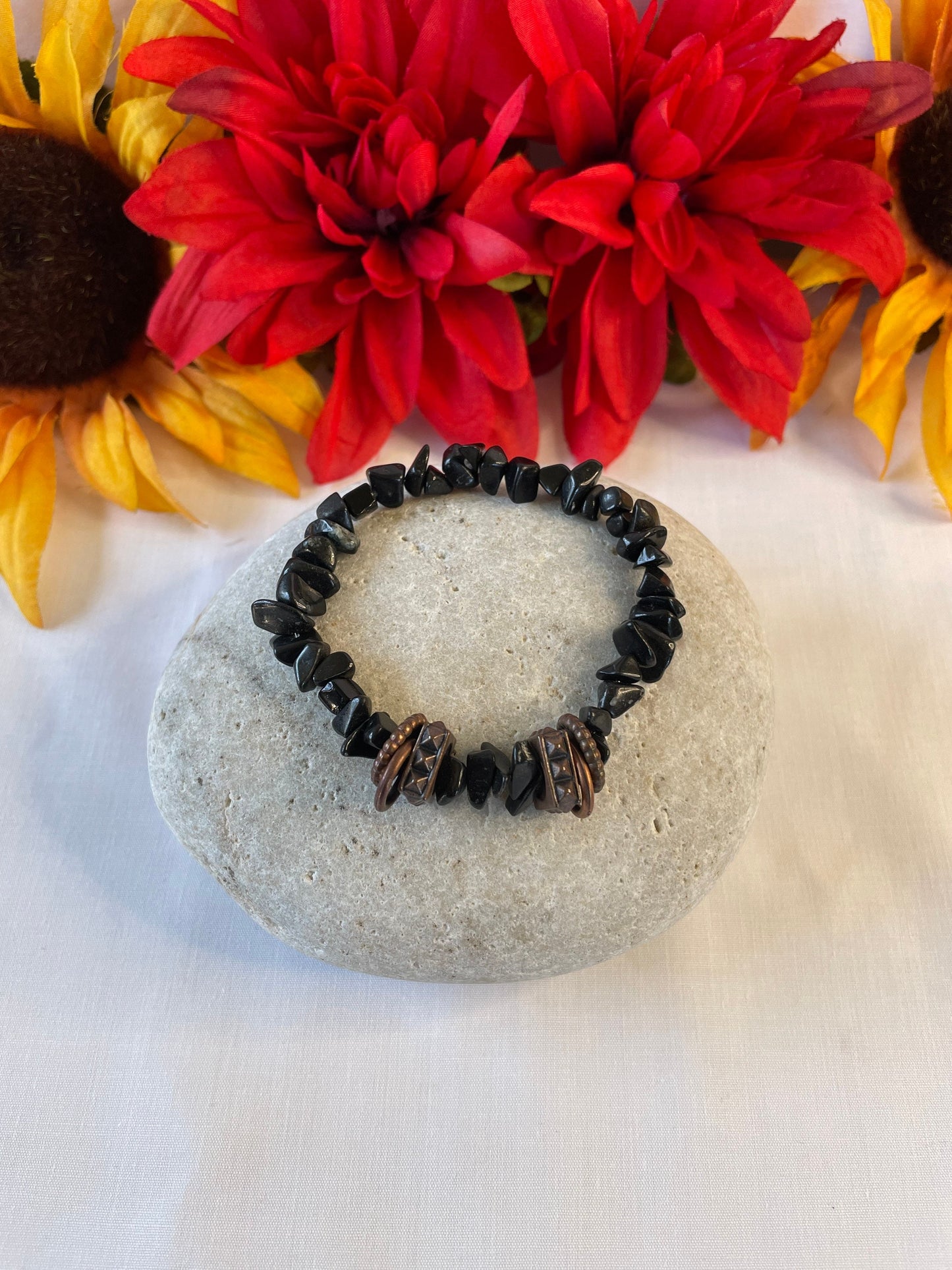 Black Obsidian Chip Stones w/Plated Copper Rings, Healing Bracelet.