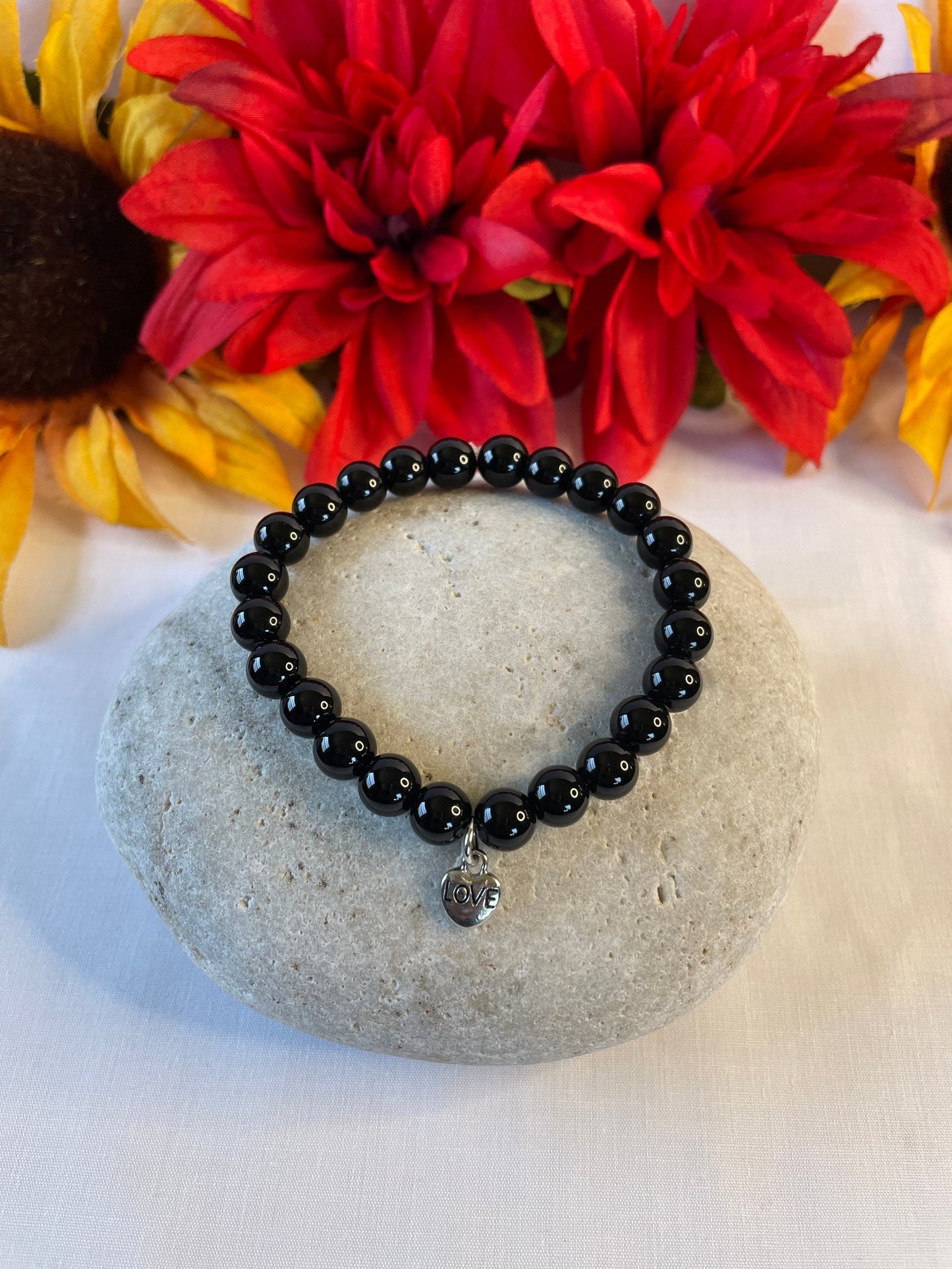 Jasper Black w/Heart “Love” Healing Bracelet.